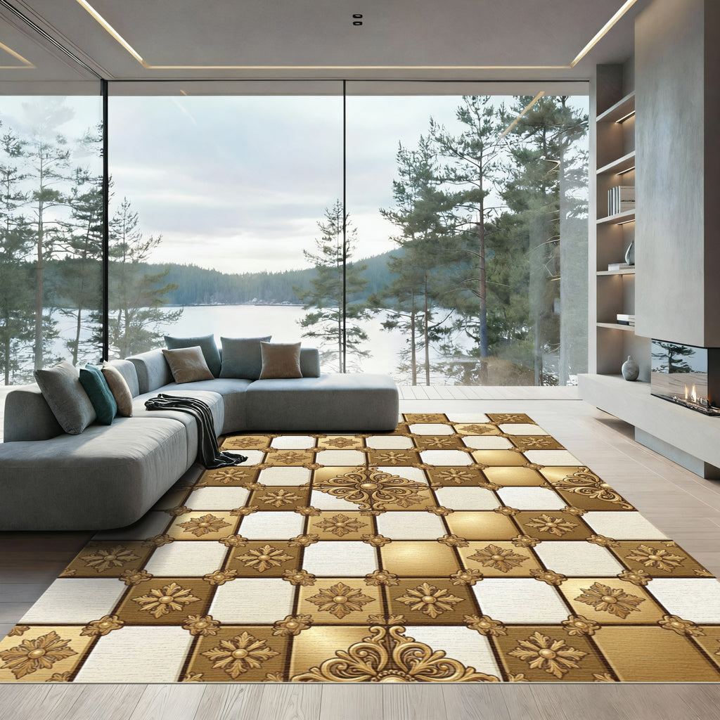 Ornate Gold Floral Checkerboard Rug