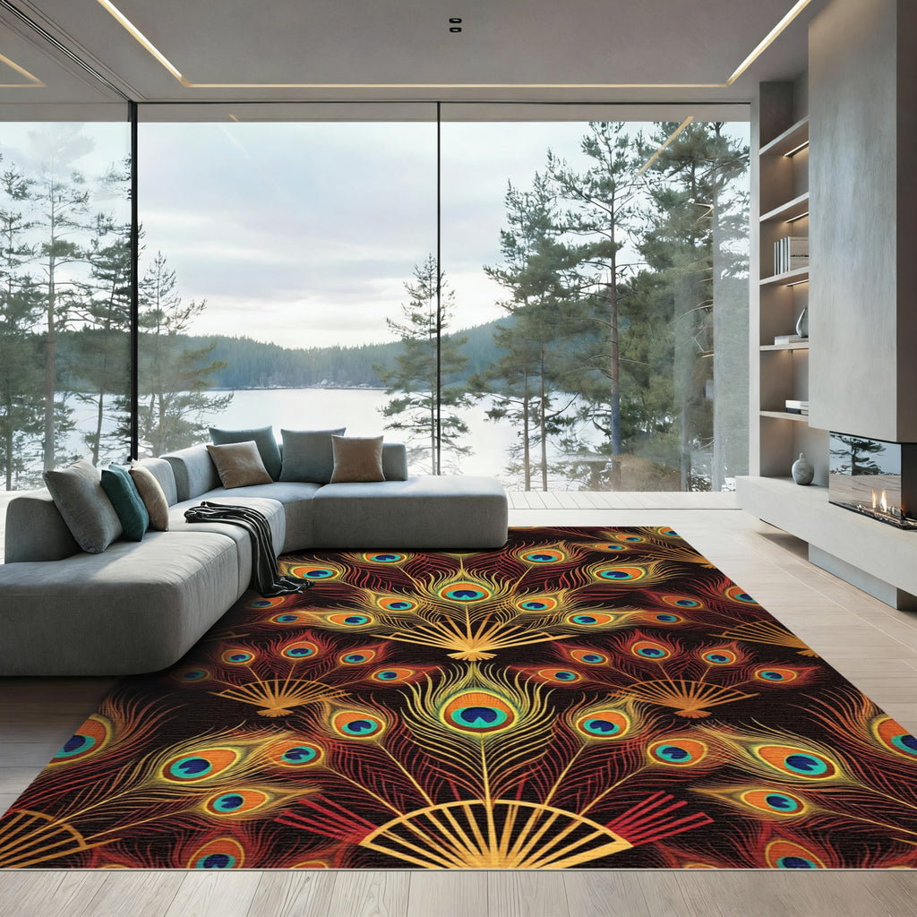 Crimson Gold Peacock Feather Arrangement Rug