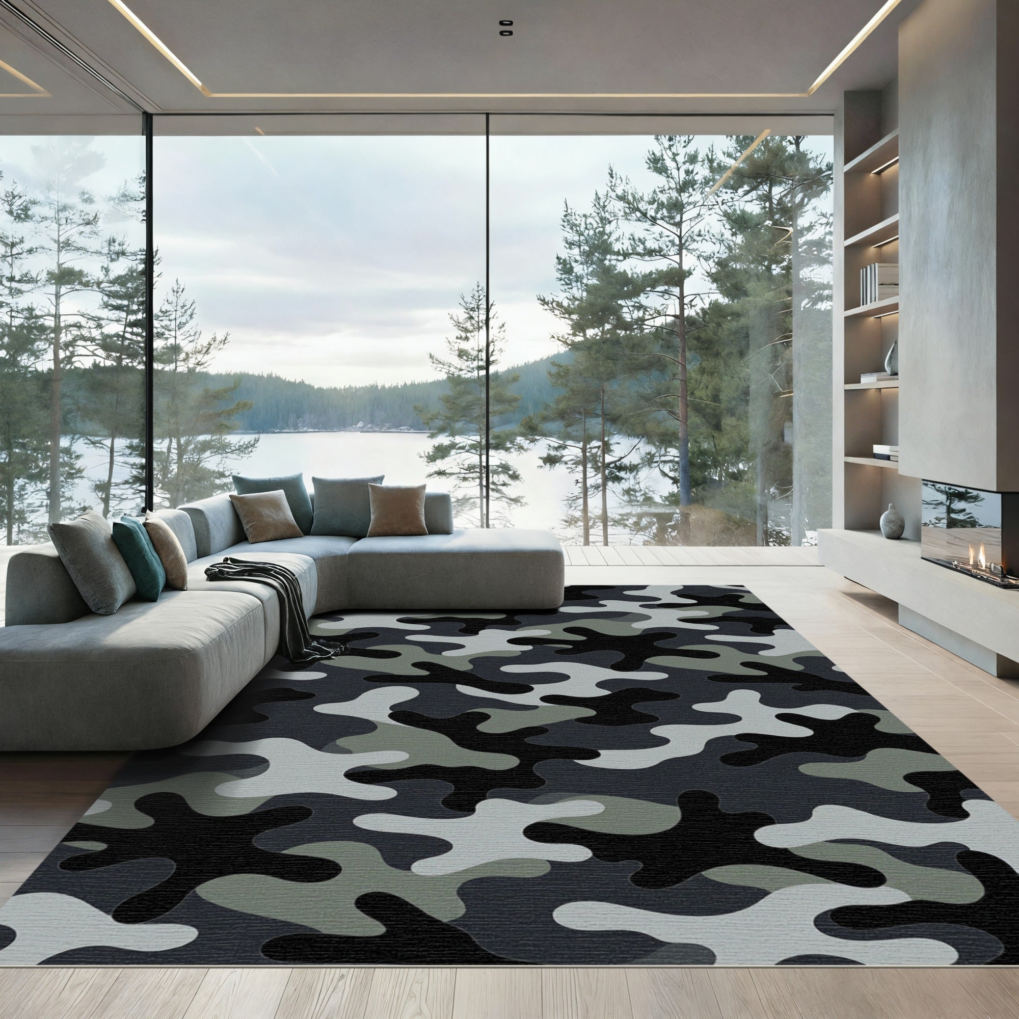Modern Gray Camouflage Abstract Rug
