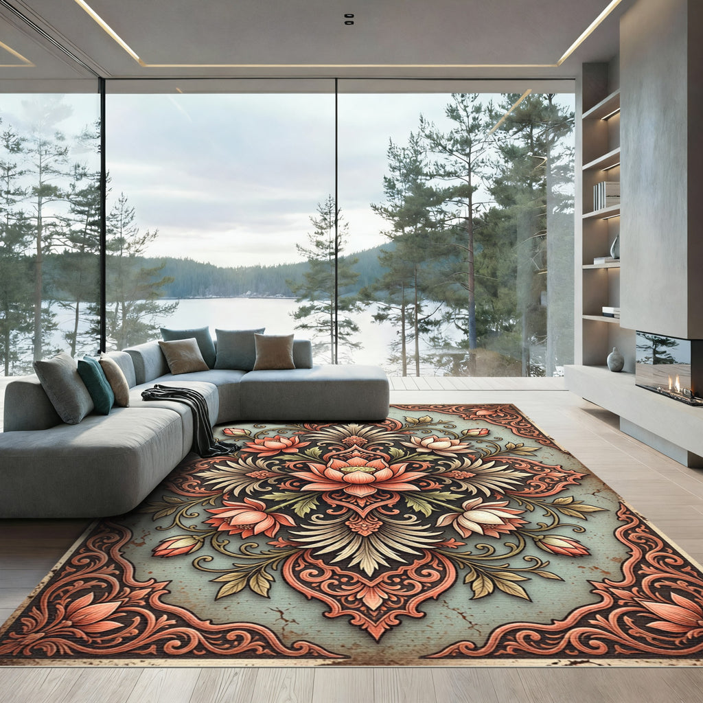 Elegant Peach Lotus Medallion Floral Rug