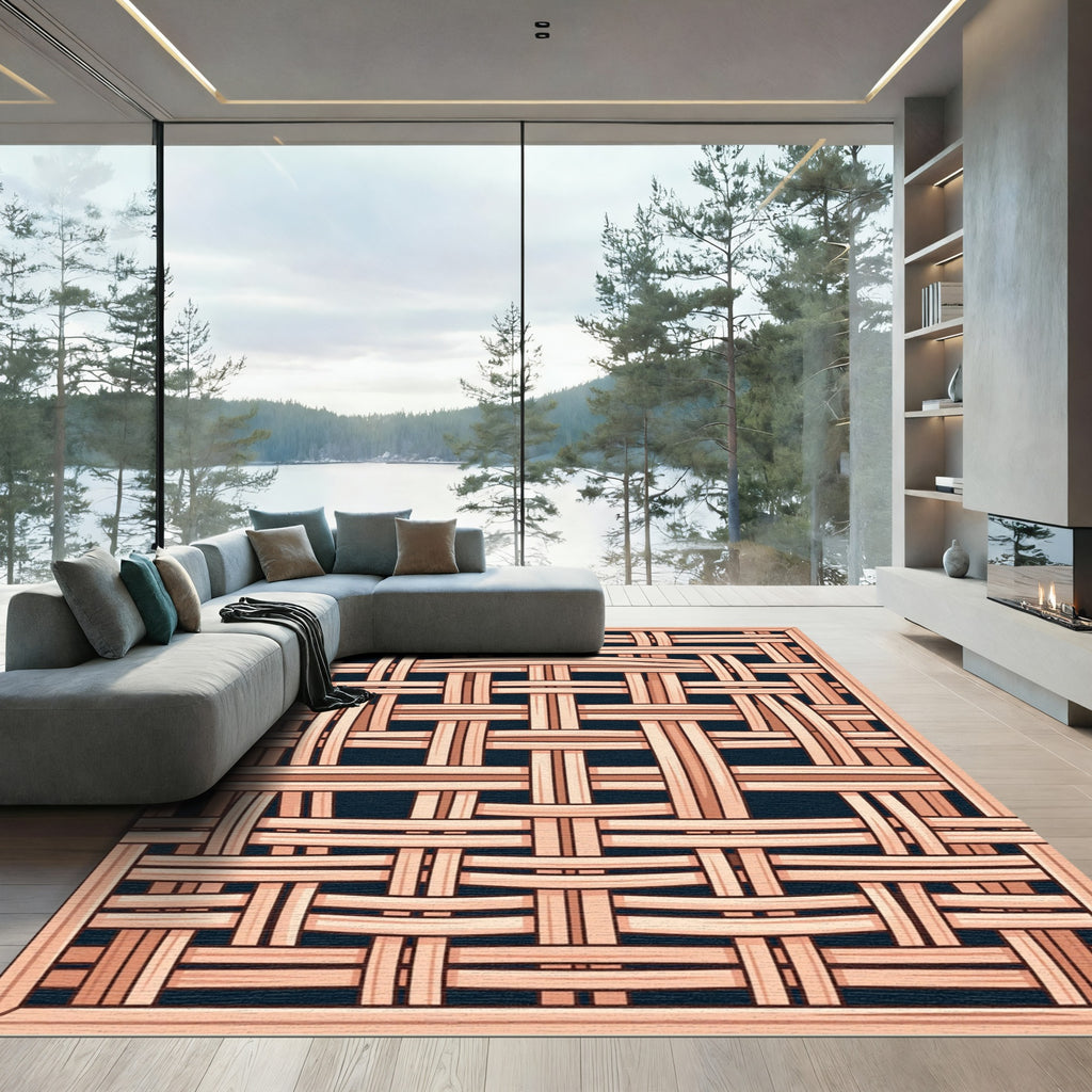 Woven Bamboo Lattice Dark Blue Area Rug