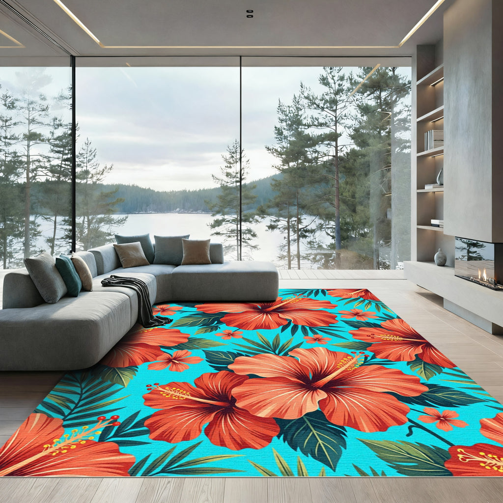 Coral Hibiscus Tropical Leaf Floral Rug