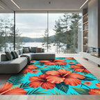 Coral Hibiscus Tropical Leaf Floral Rug