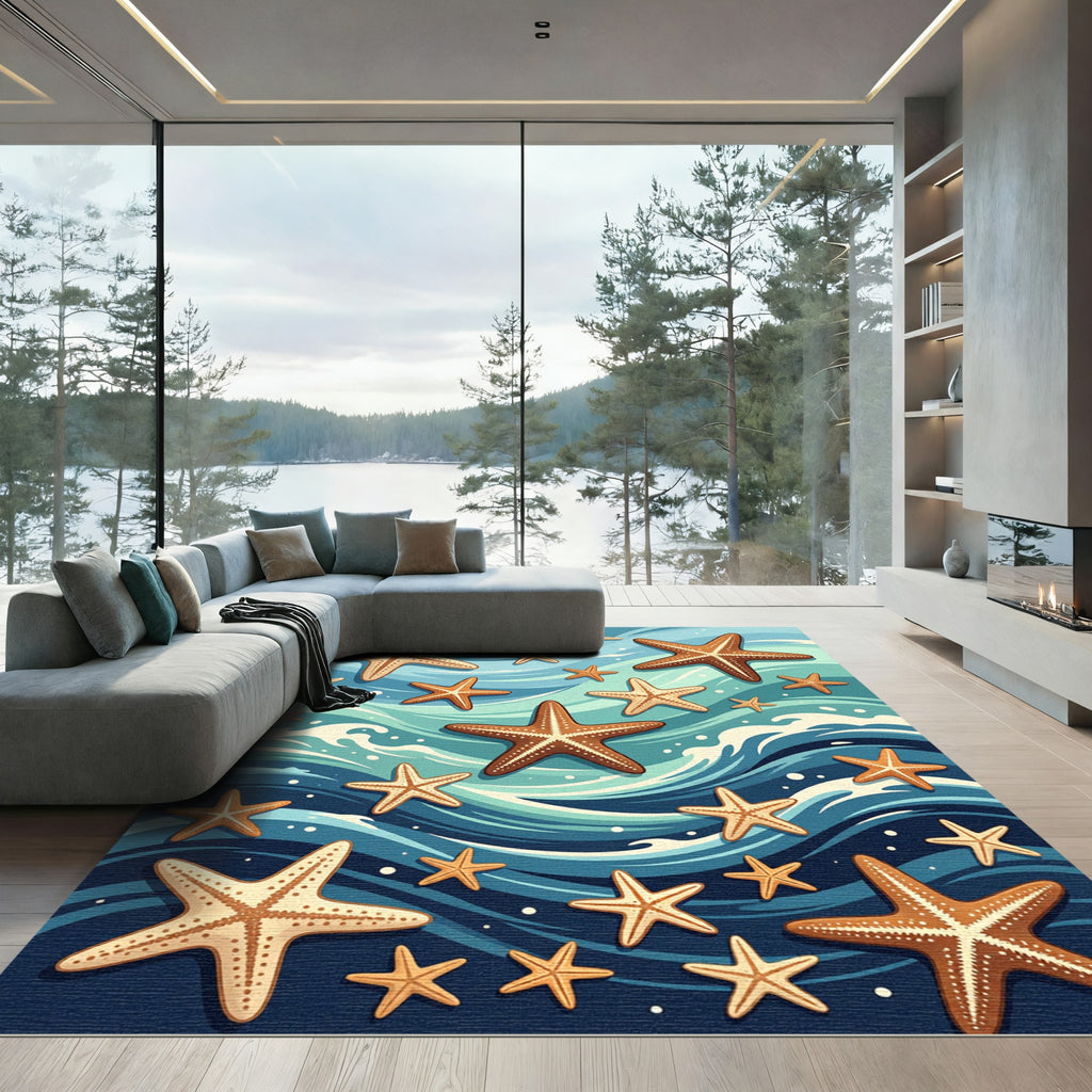 Coastal Starfish Waves Blue Rug