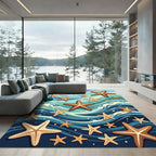 Coastal Starfish Waves Blue Rug