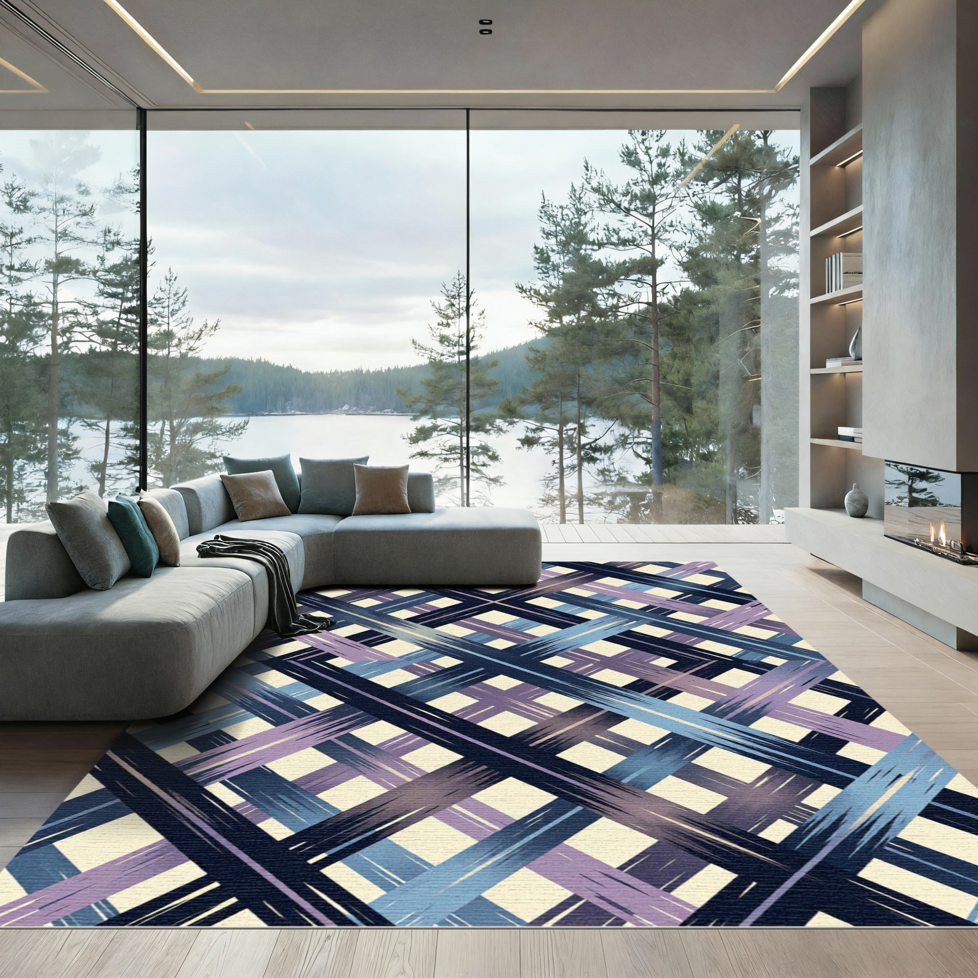 Deep Blue Purple Gradient Plaid Rug