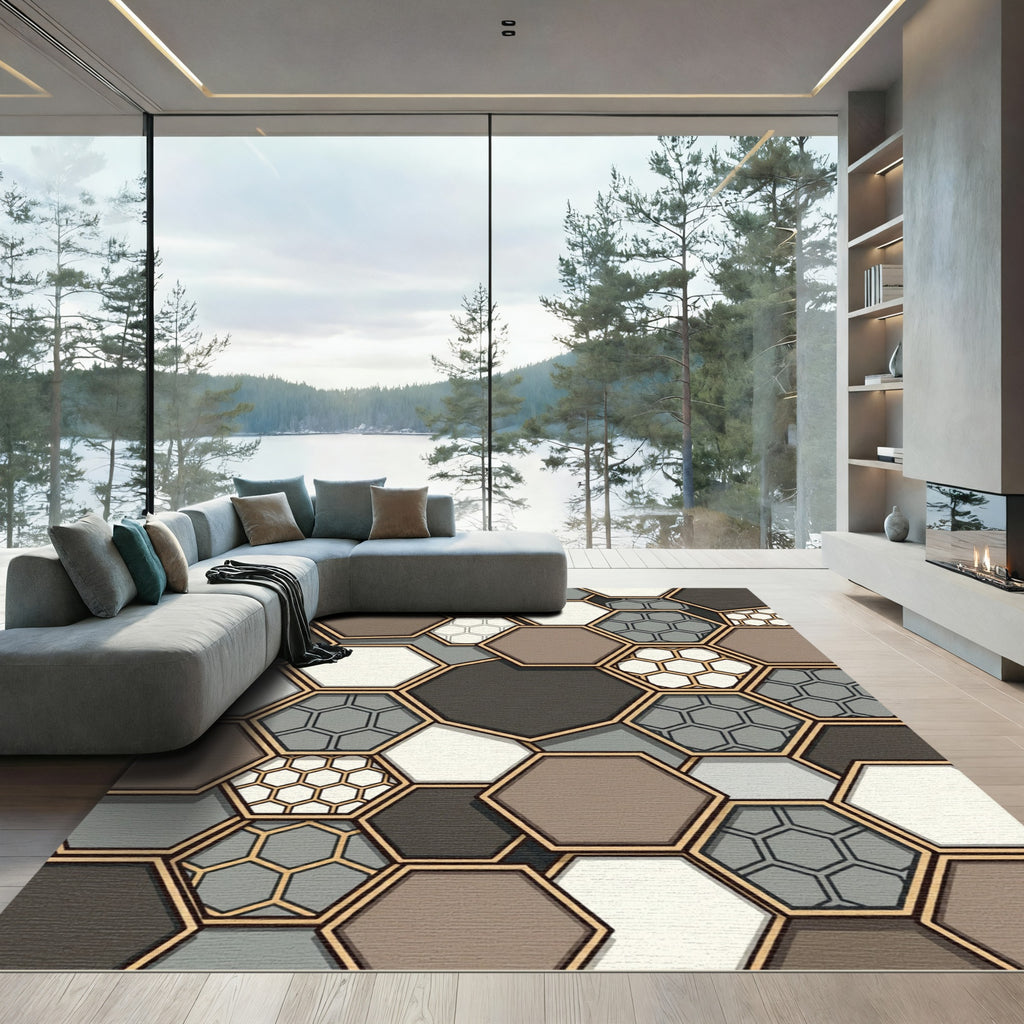 Modern Neutral Geometric Hexagon Mosaic Rug