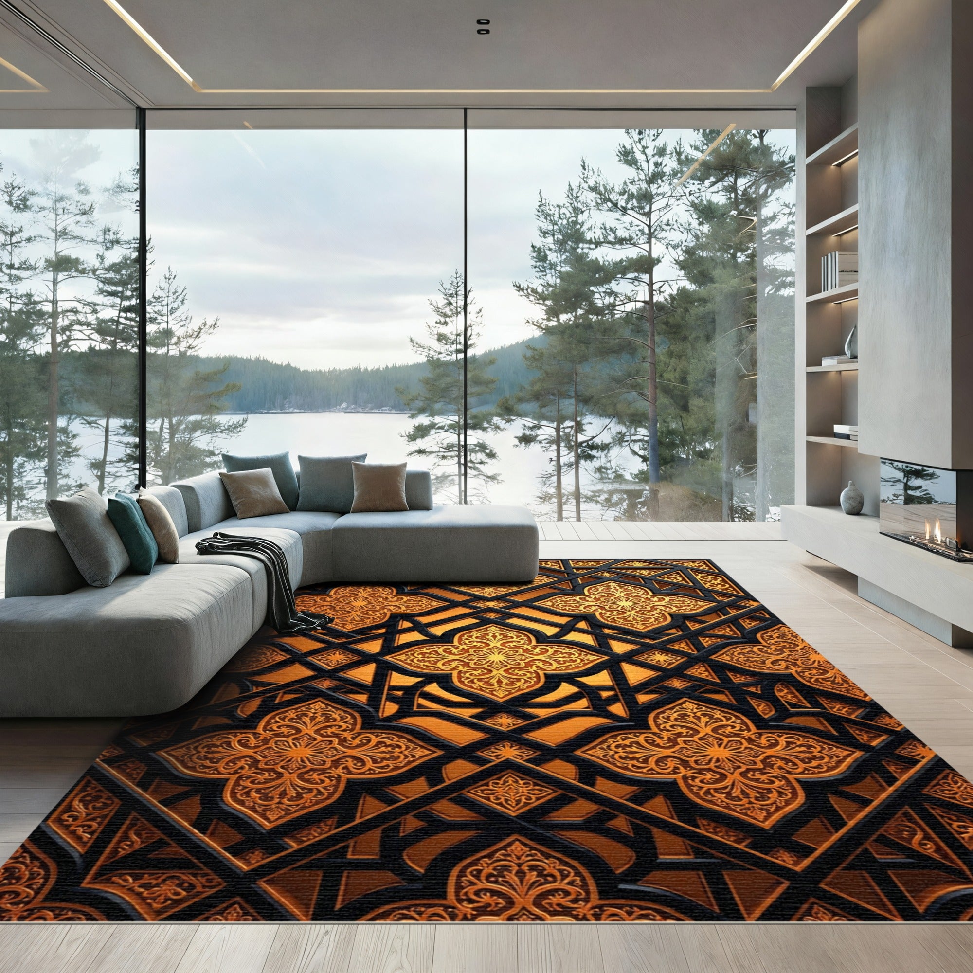 Ornate Golden Arabesque Lattice Black Relief Rug