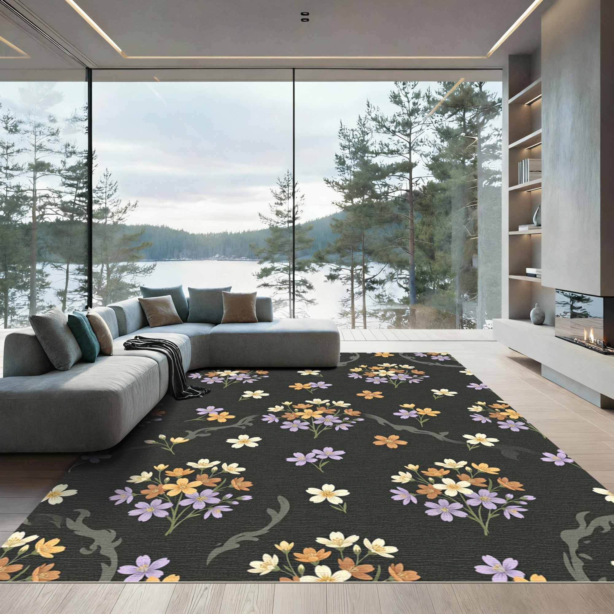 Purple Orange White Blossom Garland Rug