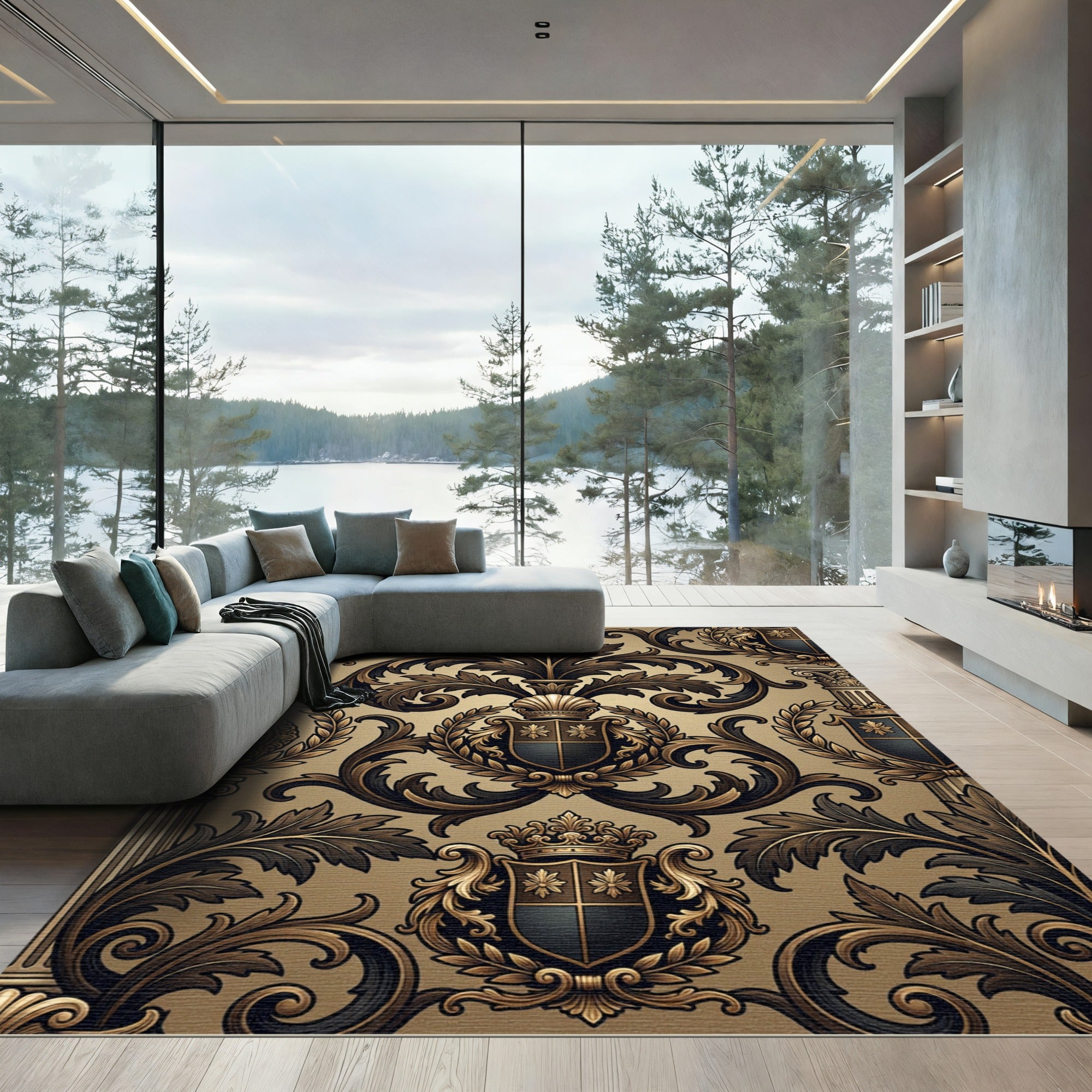 Ornate Gold Black Crest Flourish Rug