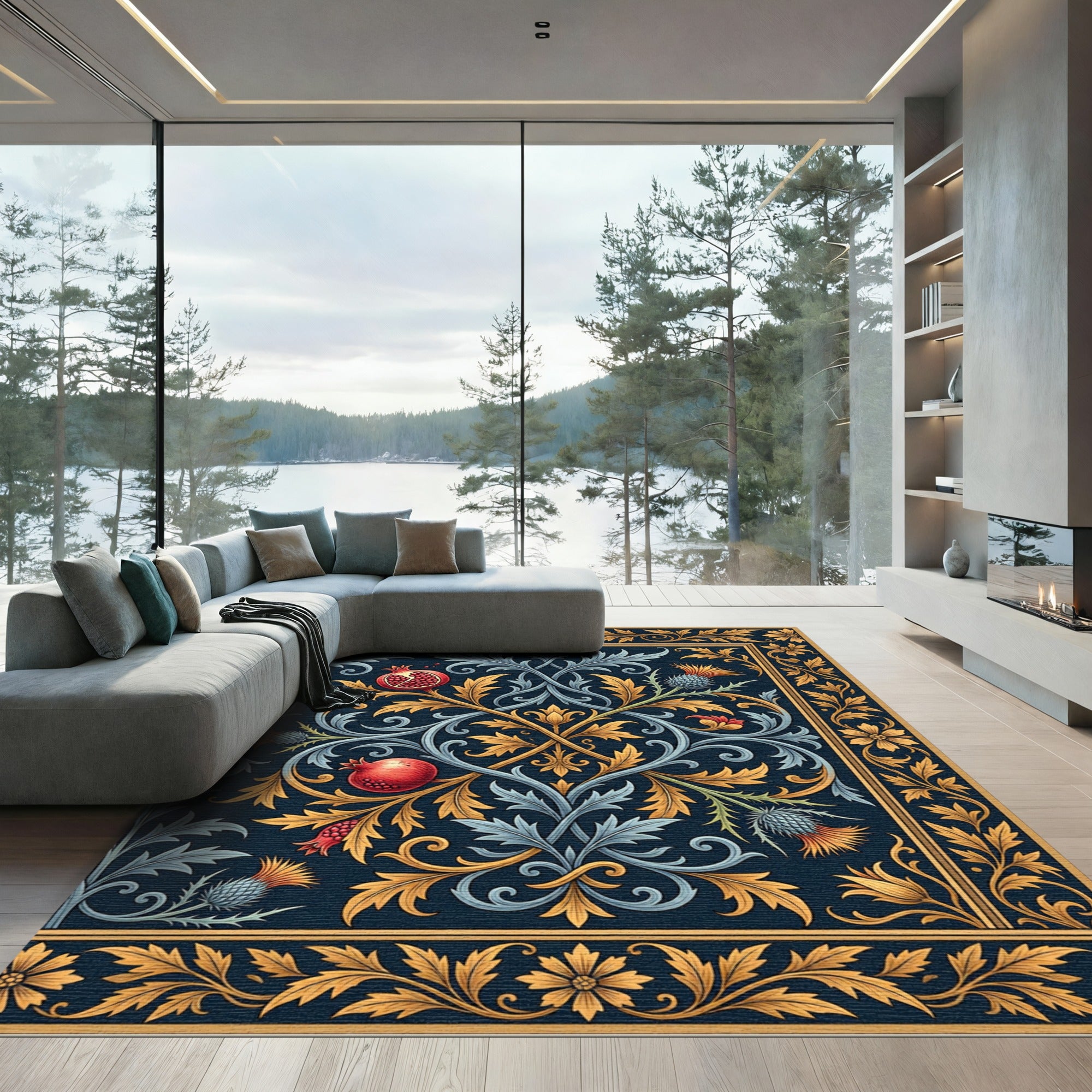 Midnight Blue Pomegranate Thistle Botanical Rug
