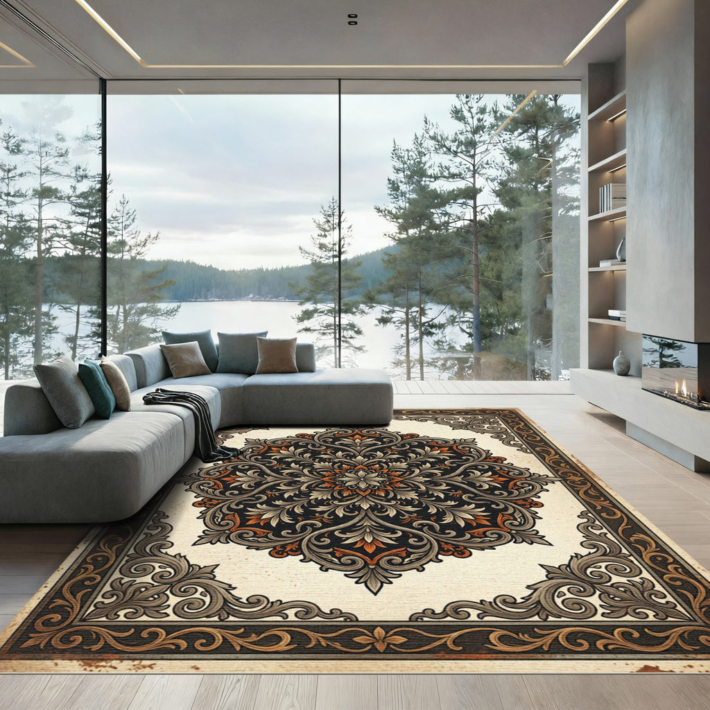 Ornate Black Orange Floral Mandala Rug