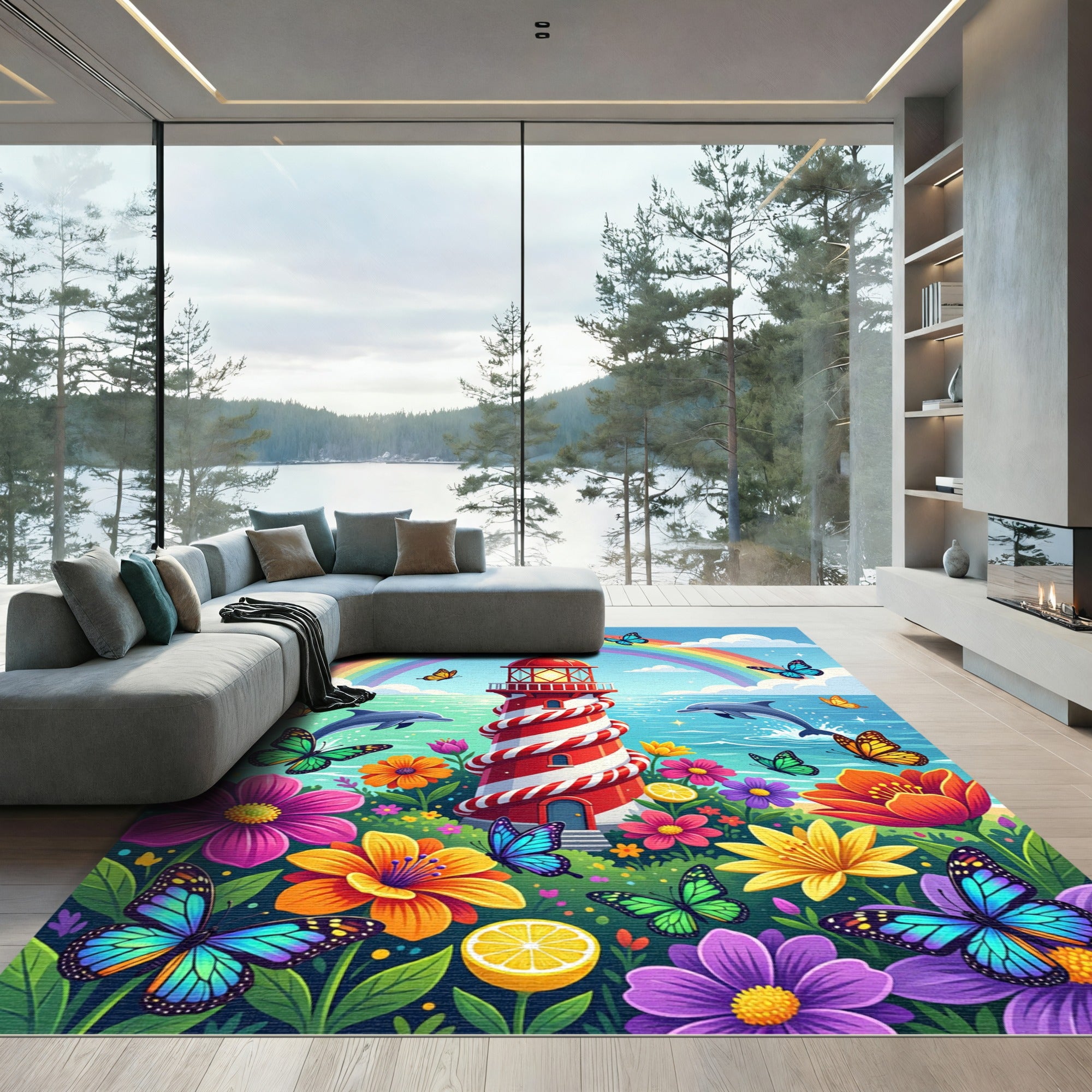 Lighthouse Rainbow Dolphin Butterfly Garden Rug