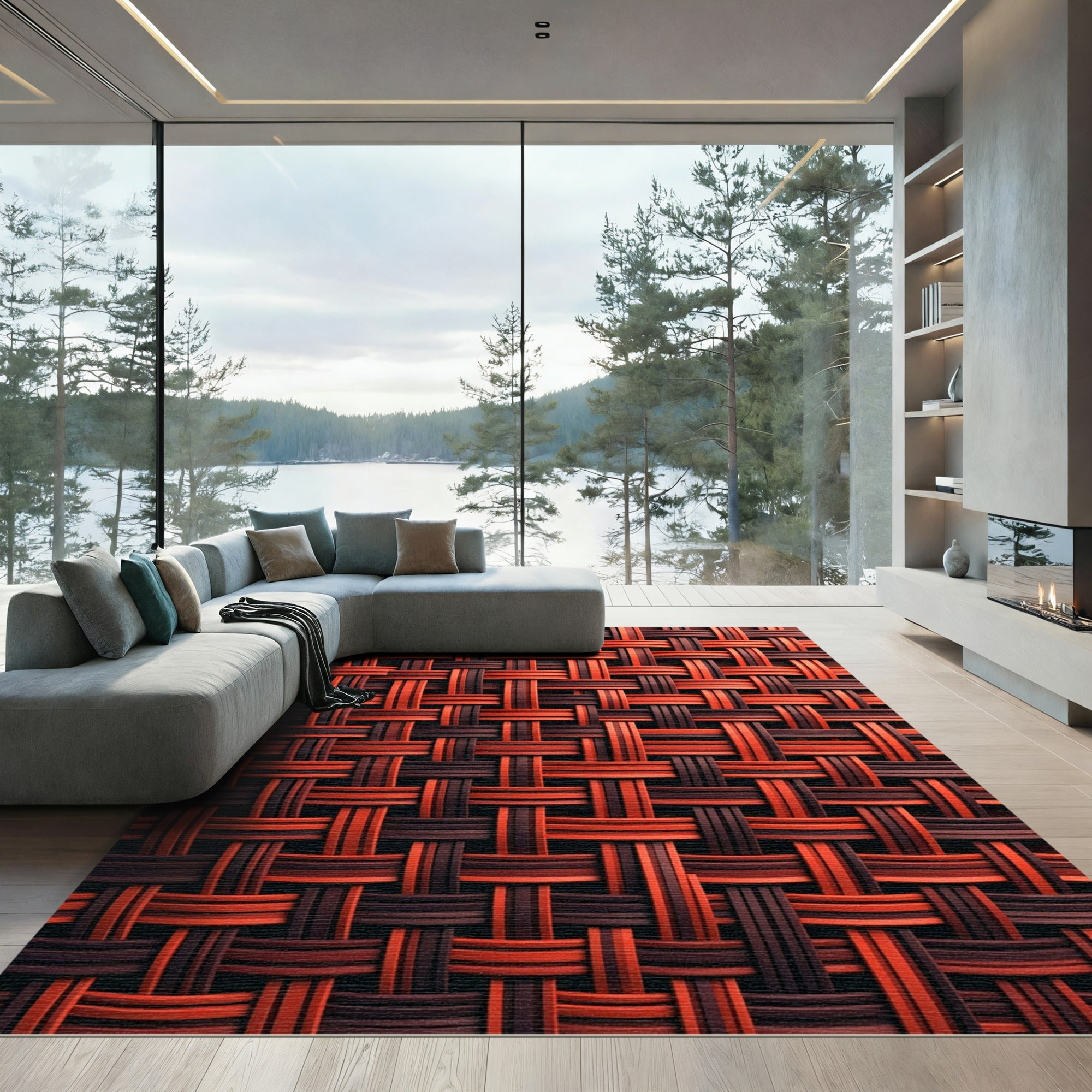 Woven Red Brown Basketweave Texture Rug