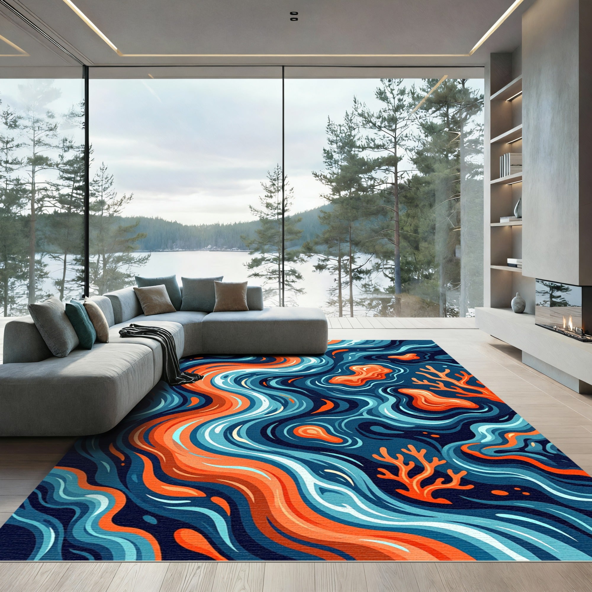 Abstract Swirling Coral Flow Ocean Wave Rug