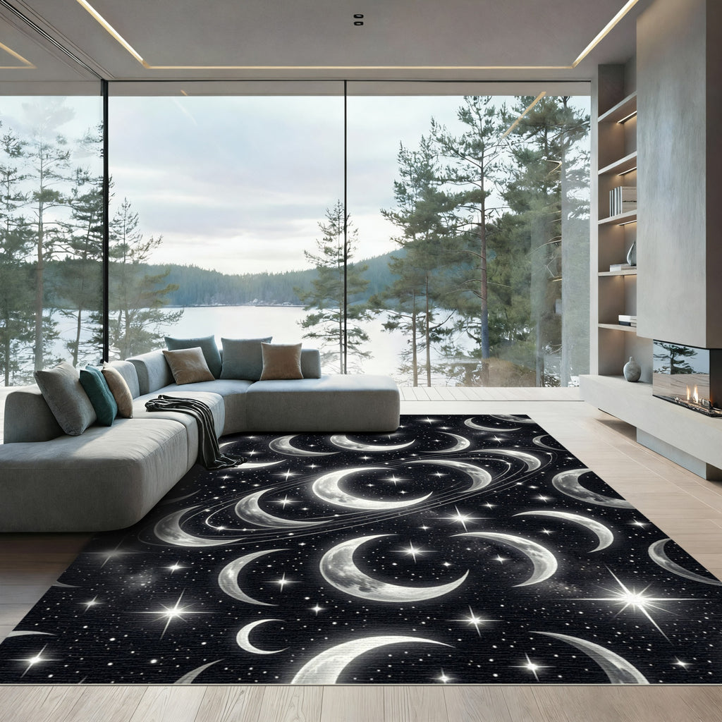 Celestial Crescent Moon and Starry Night Rug
