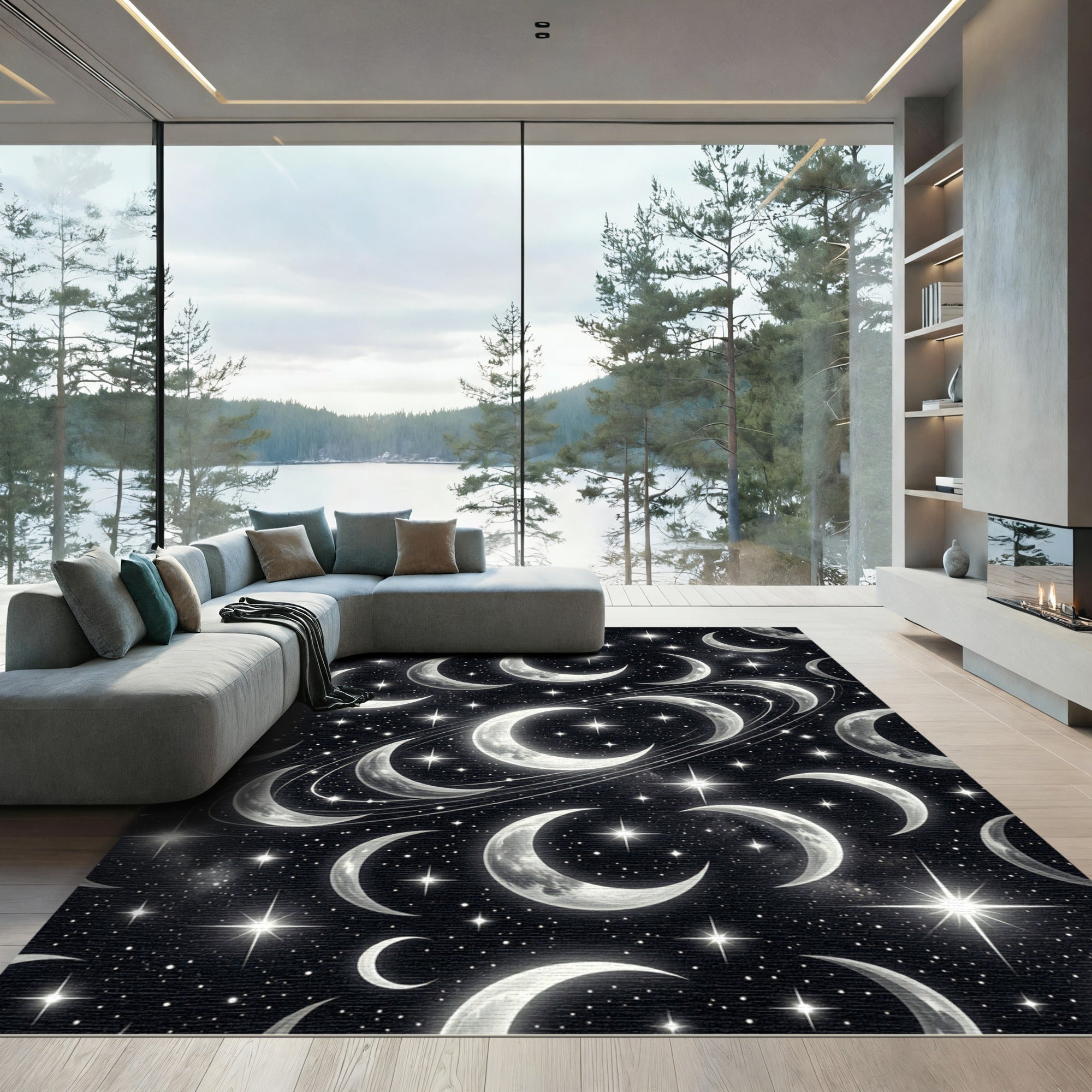 Celestial Crescent Moon and Starry Night Rug