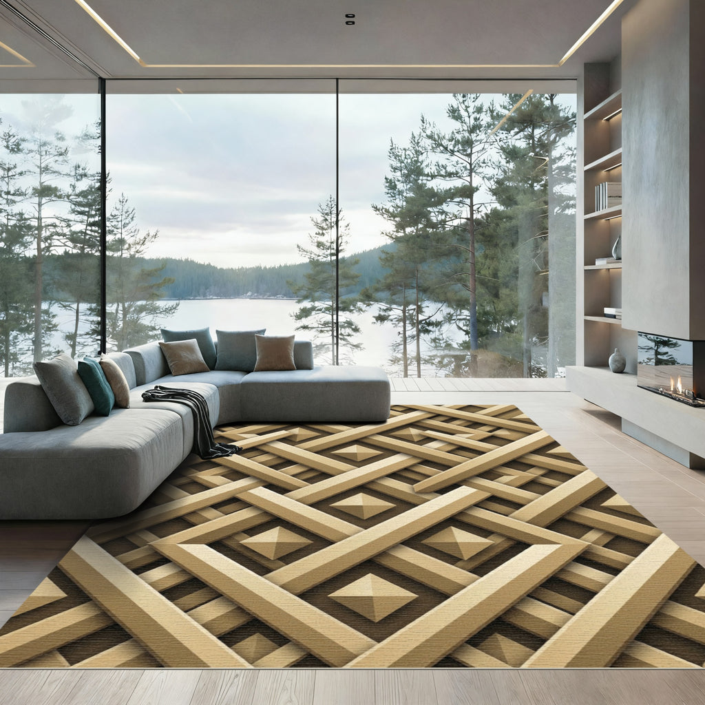 Sophisticated Golden Geometric Interlocking Lattice Rug