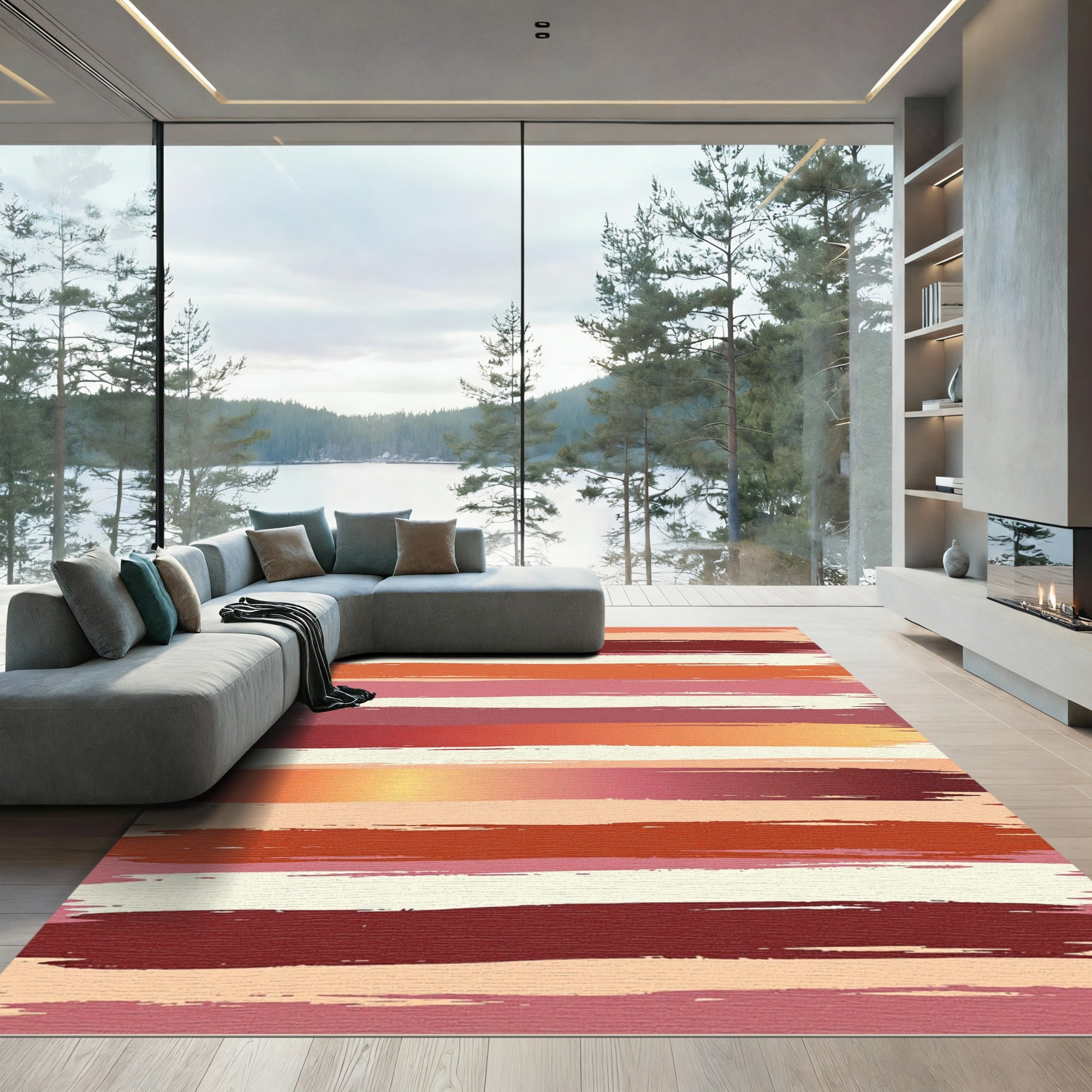 Warm Terracotta Brush Stroke Stripes Rug