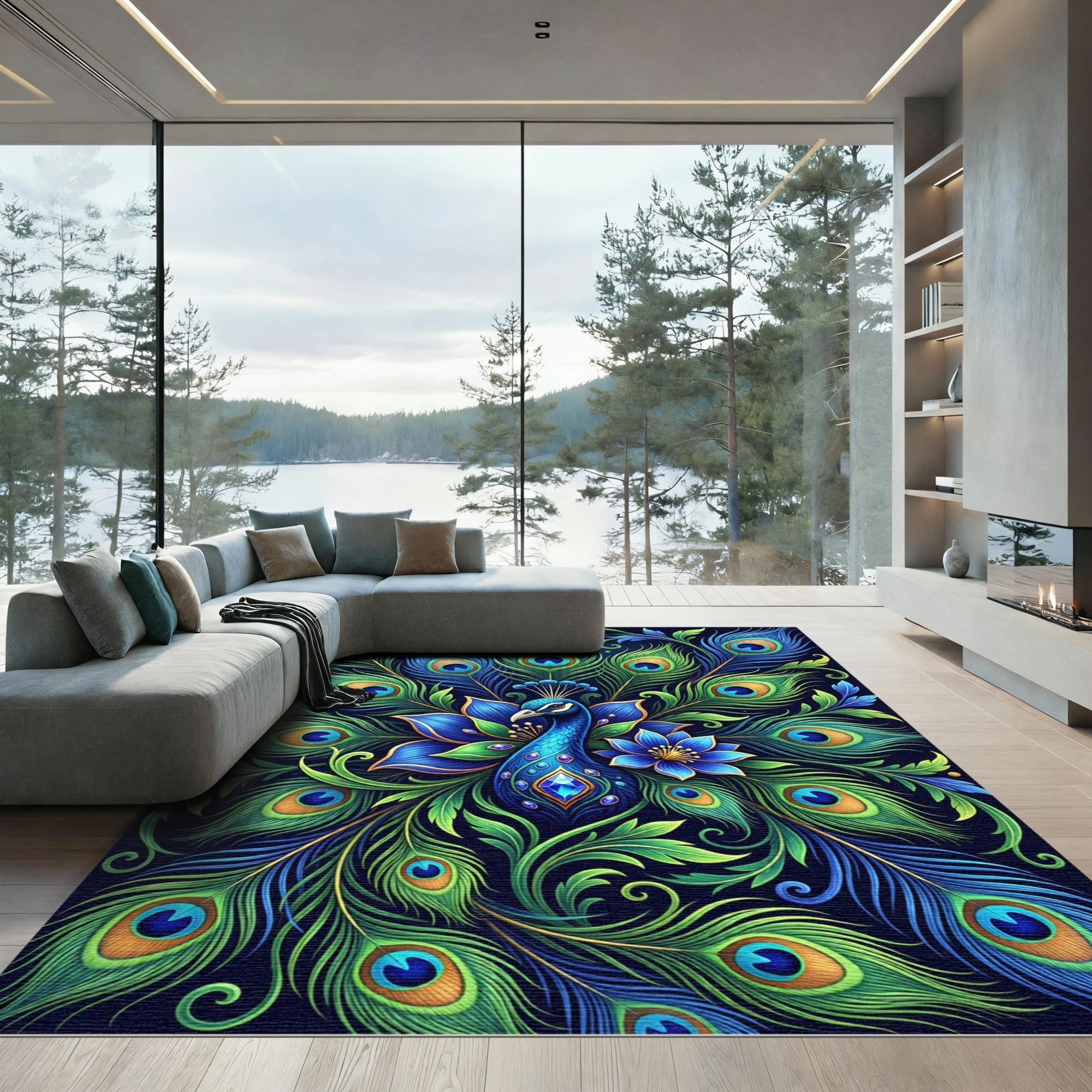 Radiant Peacock Feather Botanical Jewel Rug