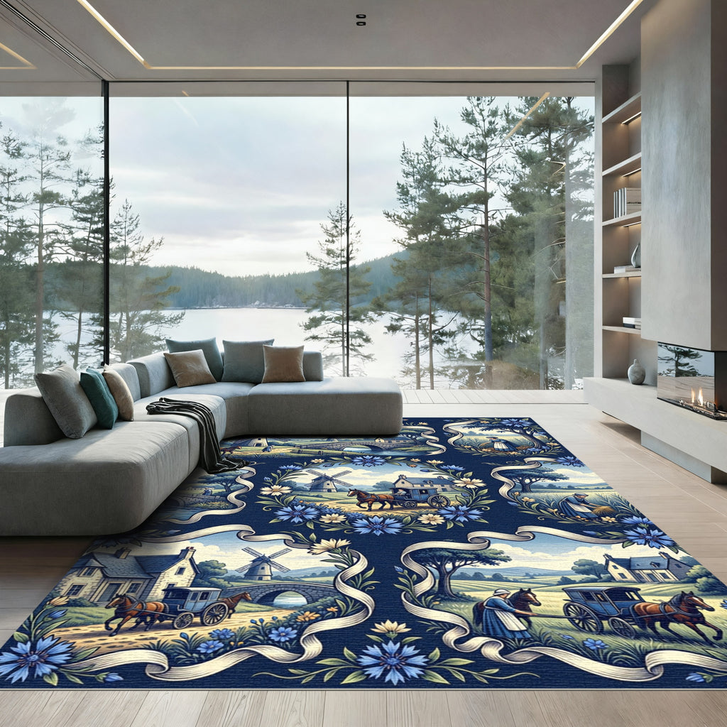 Vintage Countryside Cottage Floral Scene Rug