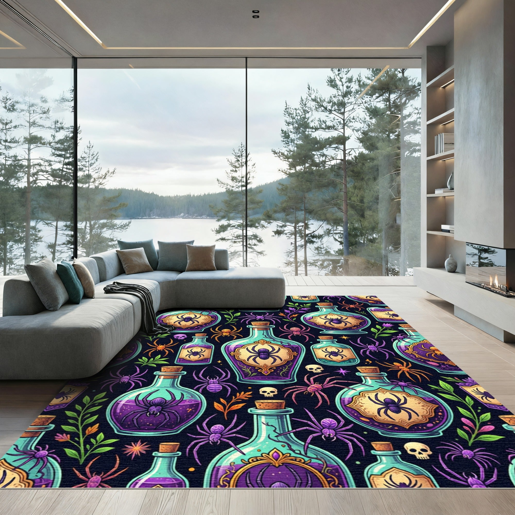 Spooky Purple Spider Potion Halloween Illustration Rug