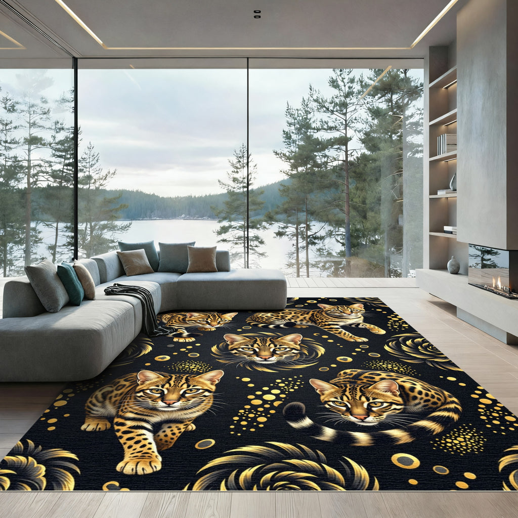 Elegant Leopard Cats Golden Floral Rug