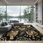 Elegant Leopard Cats Golden Floral Rug