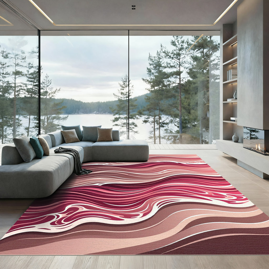 Crimson And Rose Wave Lines Rug