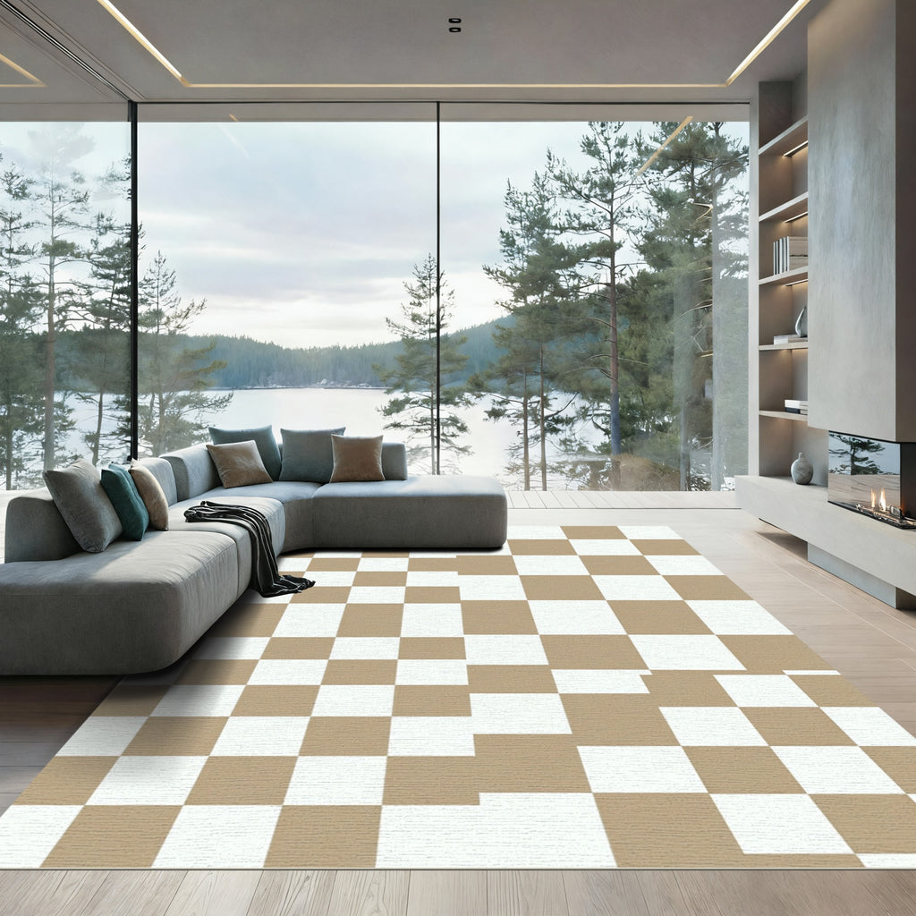 Tan White Gradual Checkerboard Squares Rug