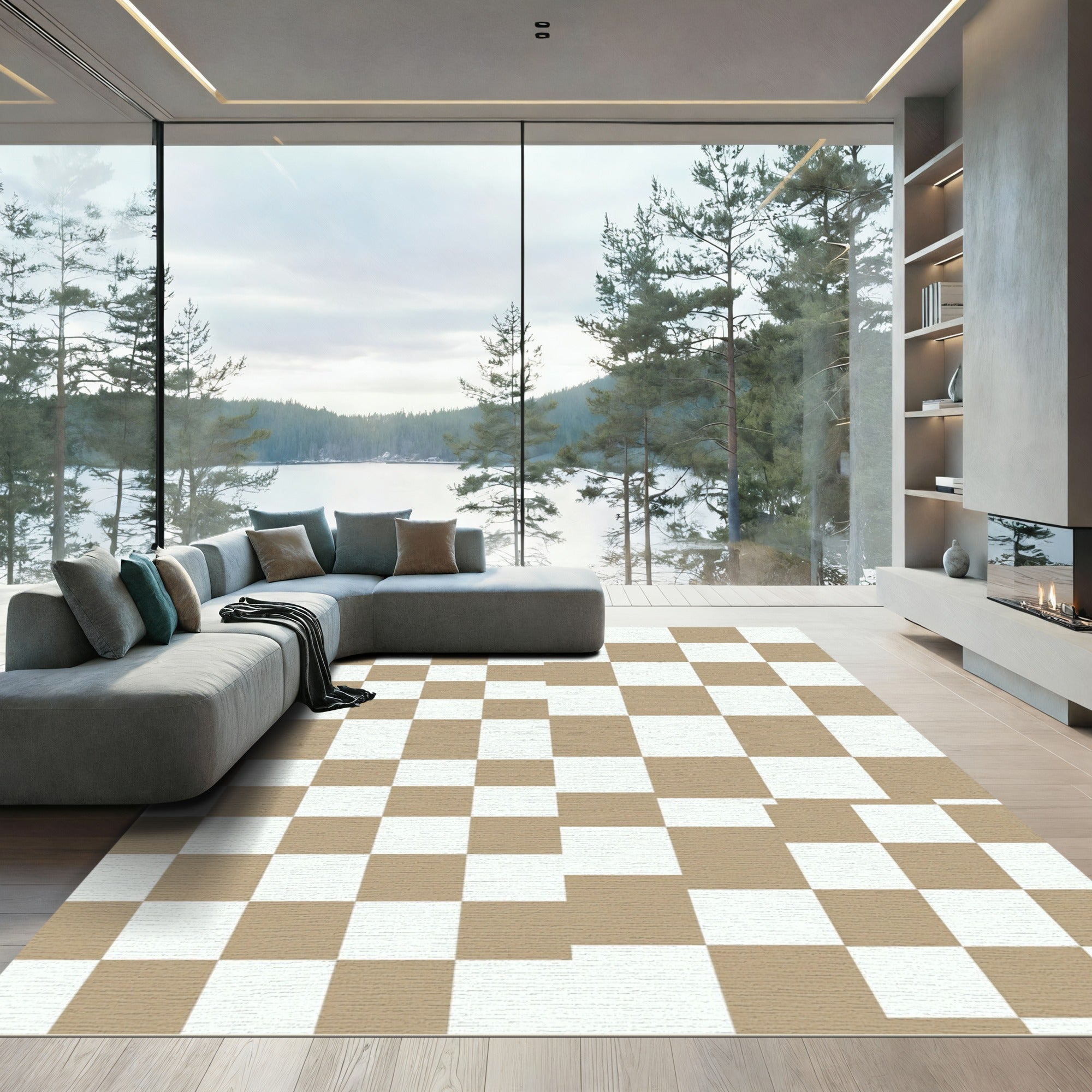 Tan White Gradual Checkerboard Squares Rug