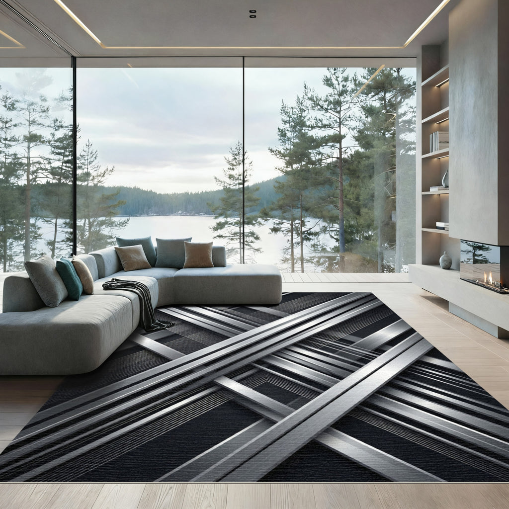 Abstract Silver Metallic Linear Geometric Rug