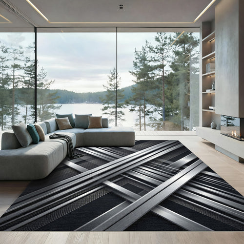 Abstract Silver Metallic Linear Geometric Rug