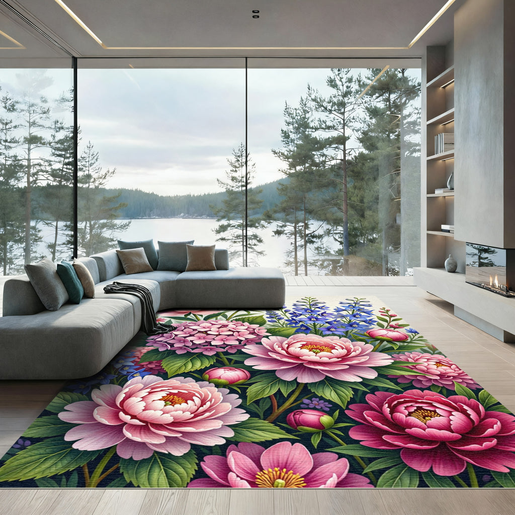 Blushing Peony and Blue Larkspur Garden Rug