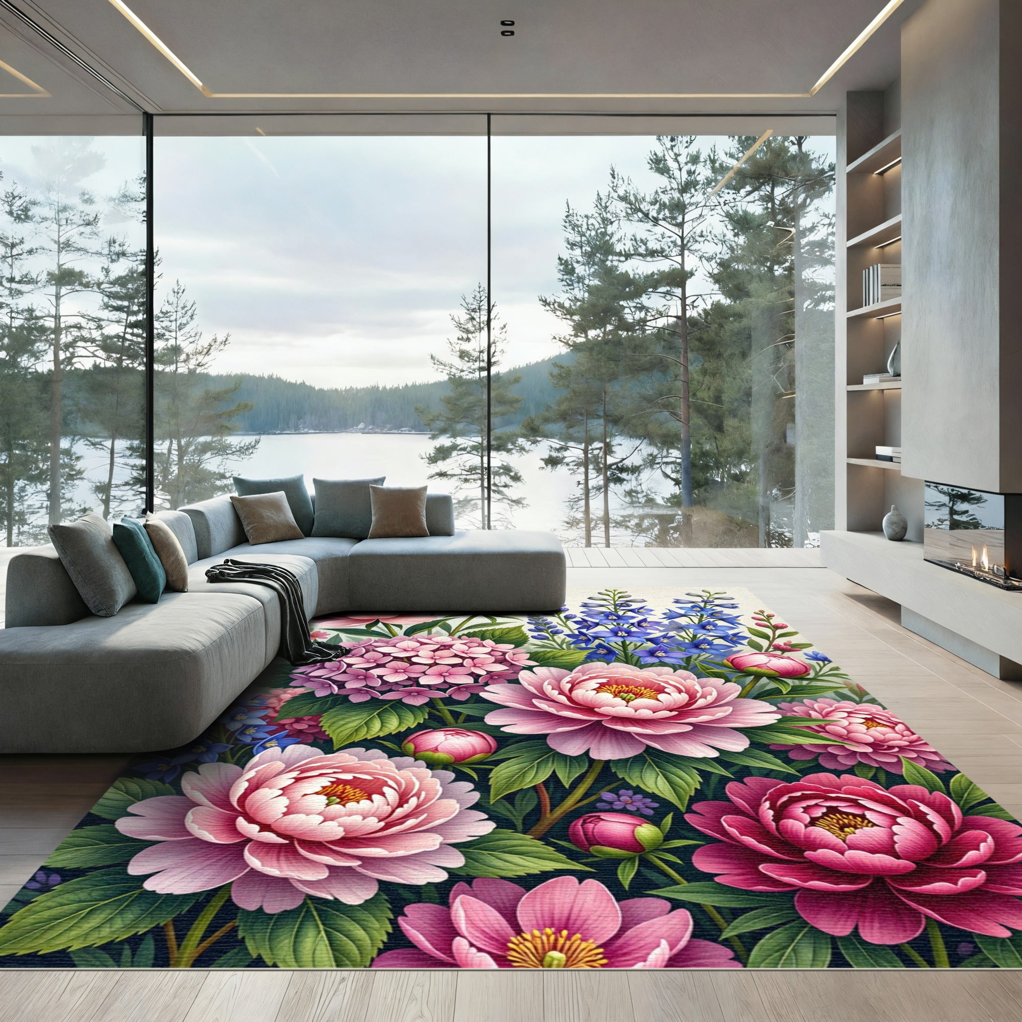 Blushing Peony and Blue Larkspur Garden Rug