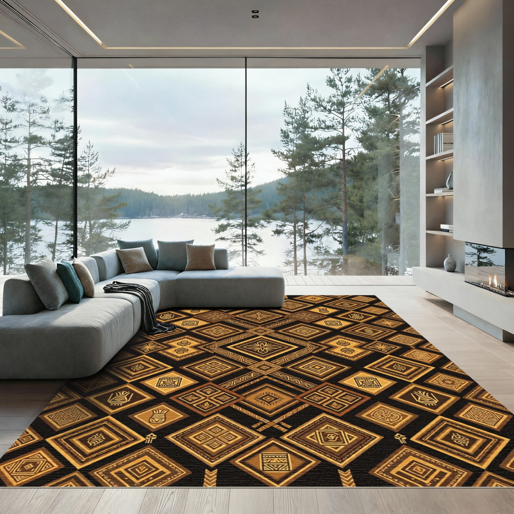 Ancient Gold Diamond Ethnic Pattern Rug