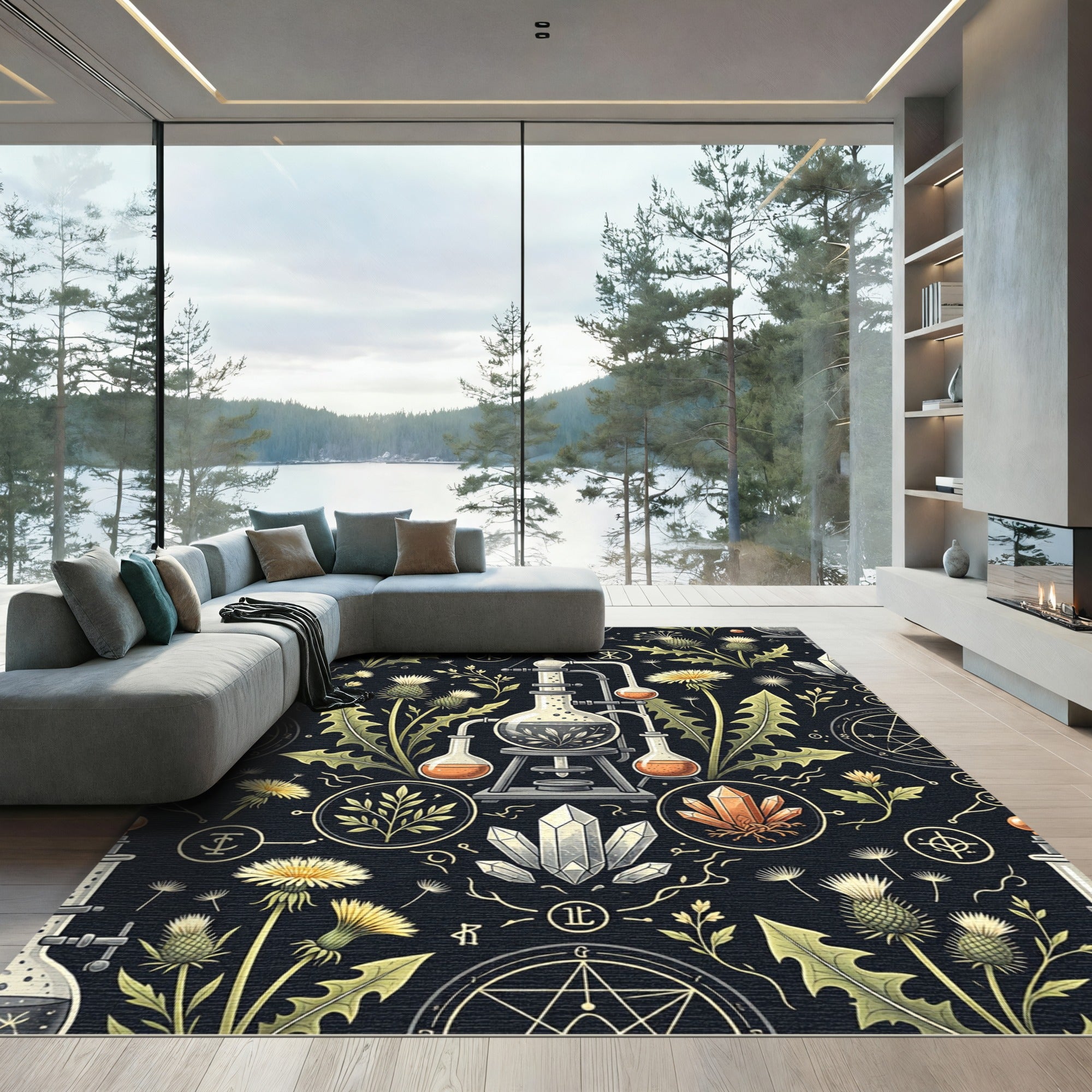 Alchemical Botanical Dandelion and Crystal Illustration Rug