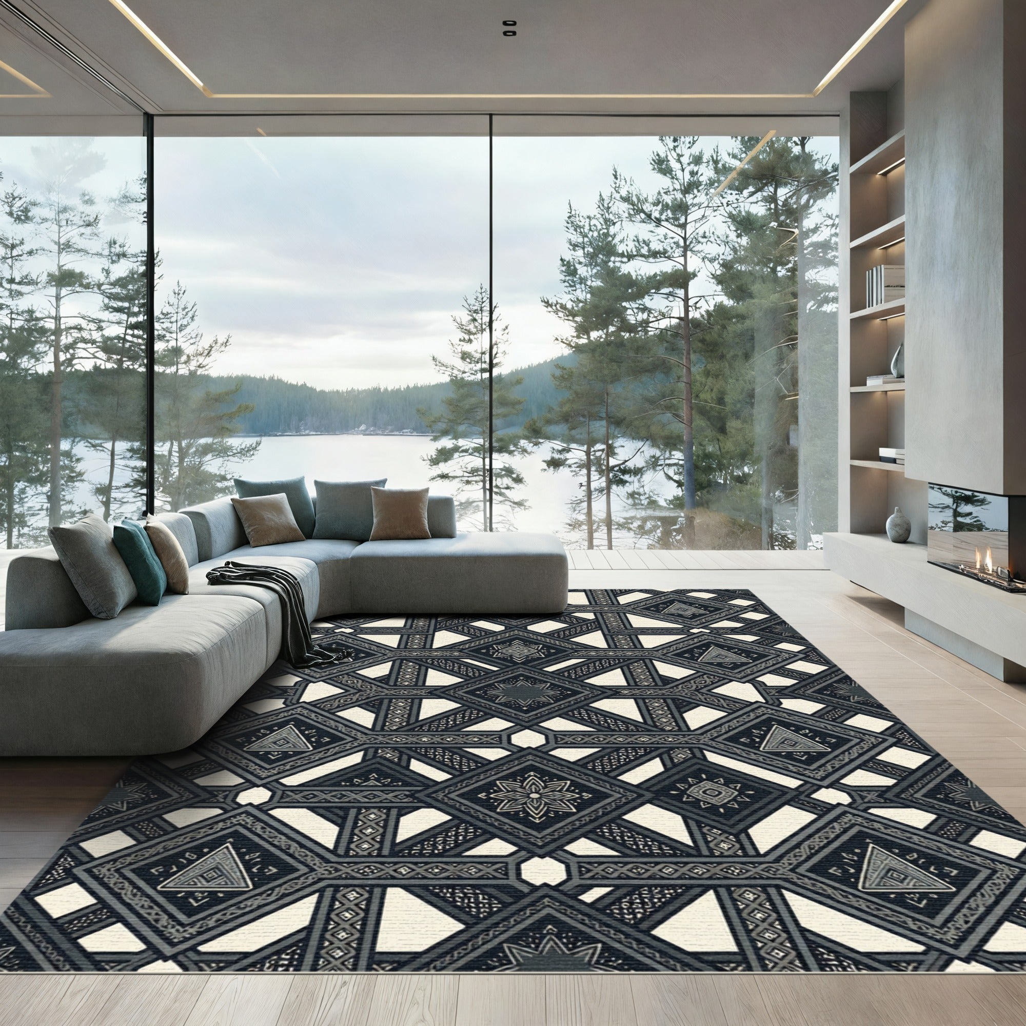 Tribal Dark Geometric Diamond Tessellation Rug