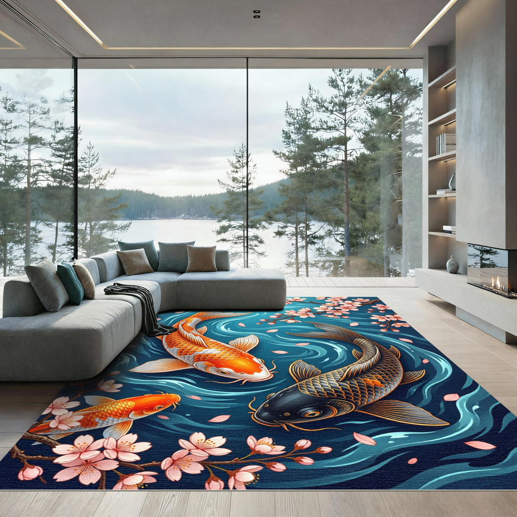 Koi Fish and Cherry Blossom Swirl Rug