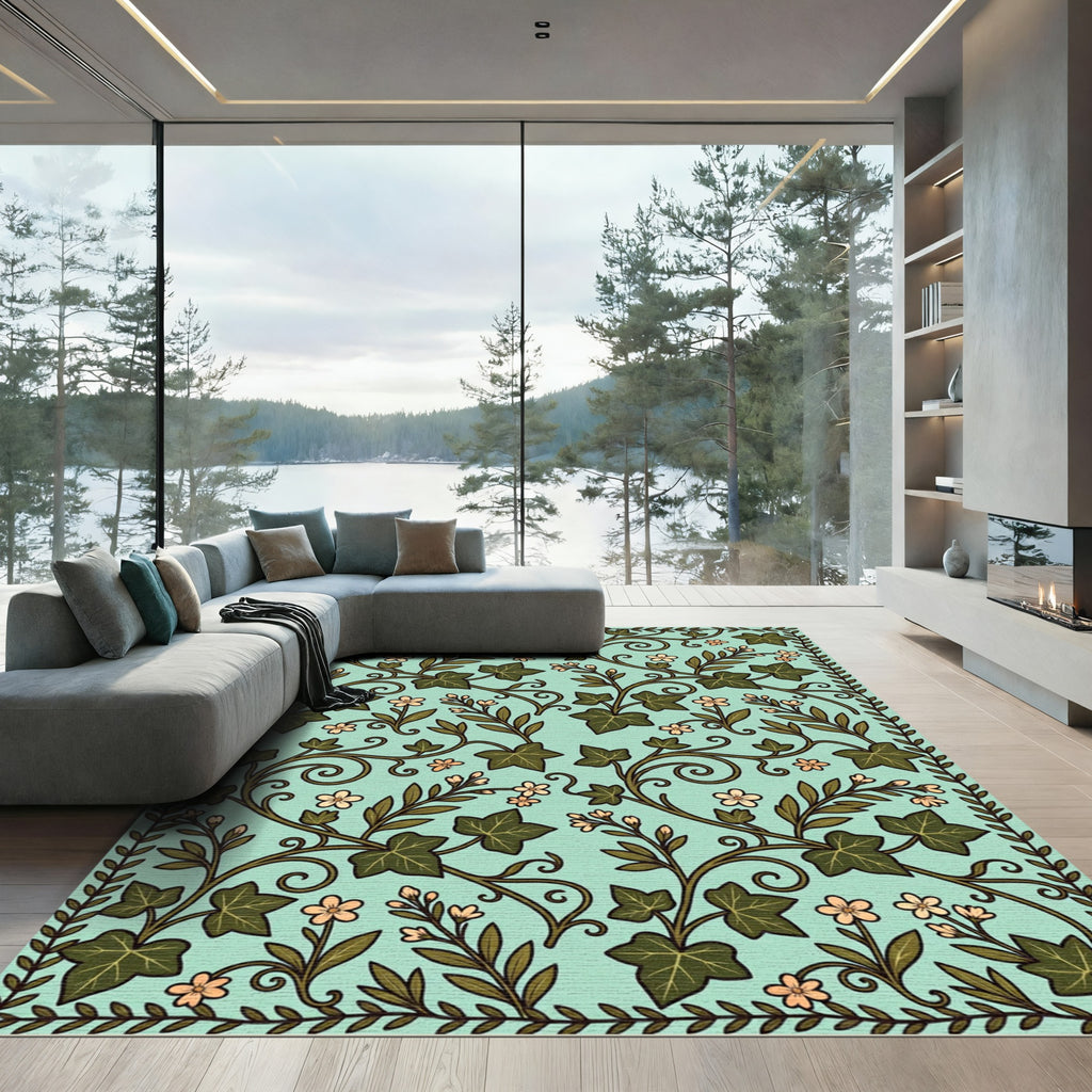Mint Green Ivy Vine Botanical Tile Rug