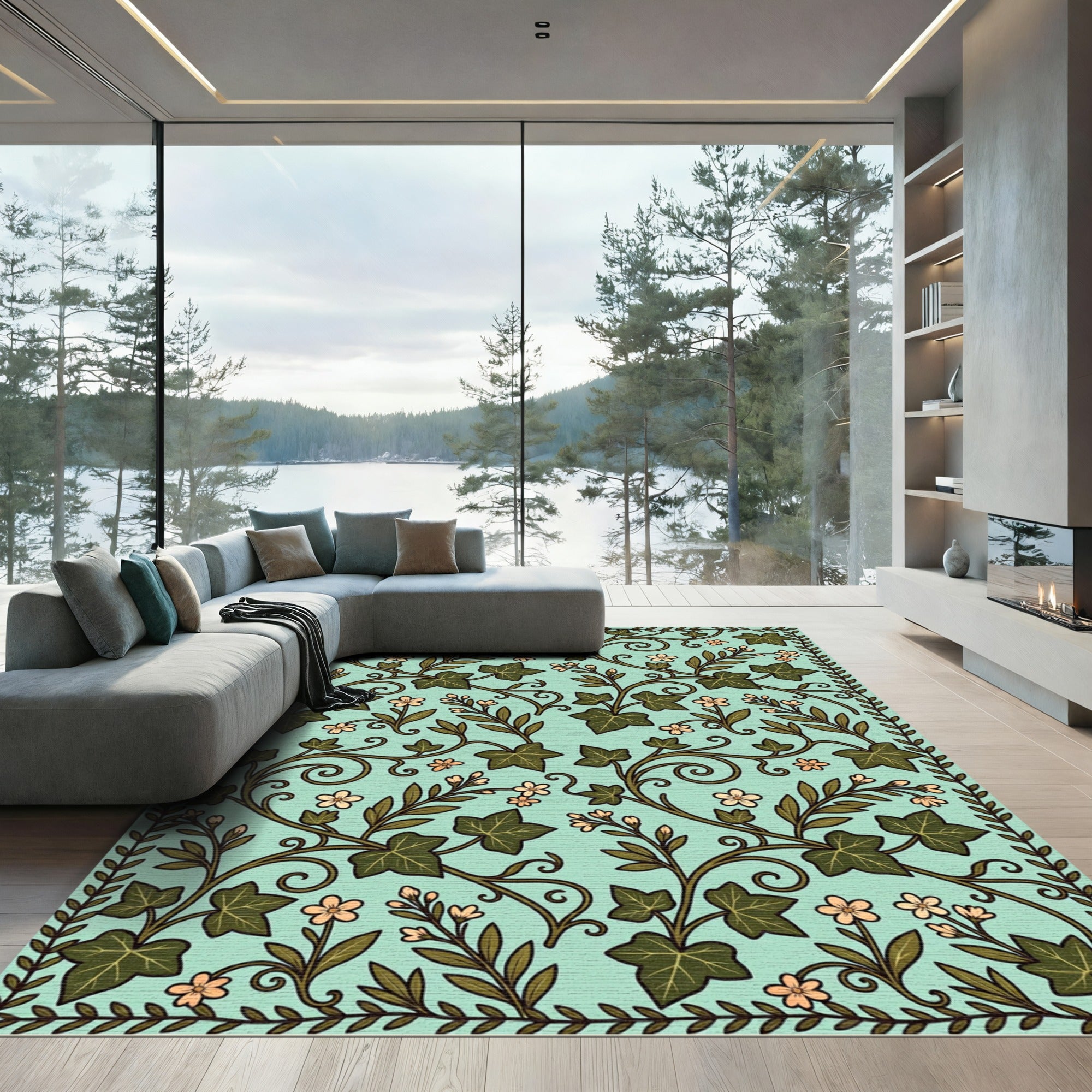 Mint Green Ivy Vine Botanical Tile Rug