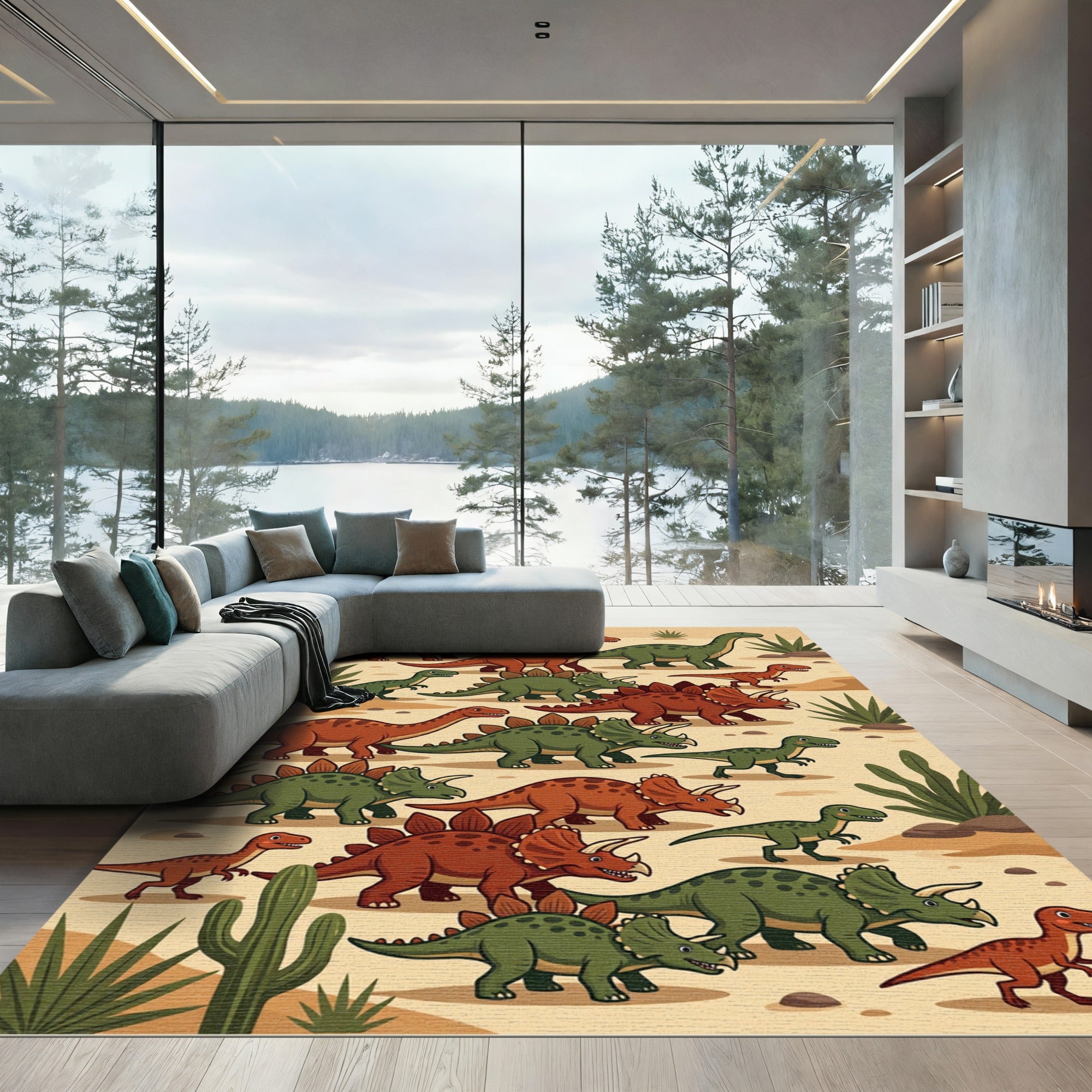 Whimsical Multi-Colored Dinosaur Wildlife Illustration Rug