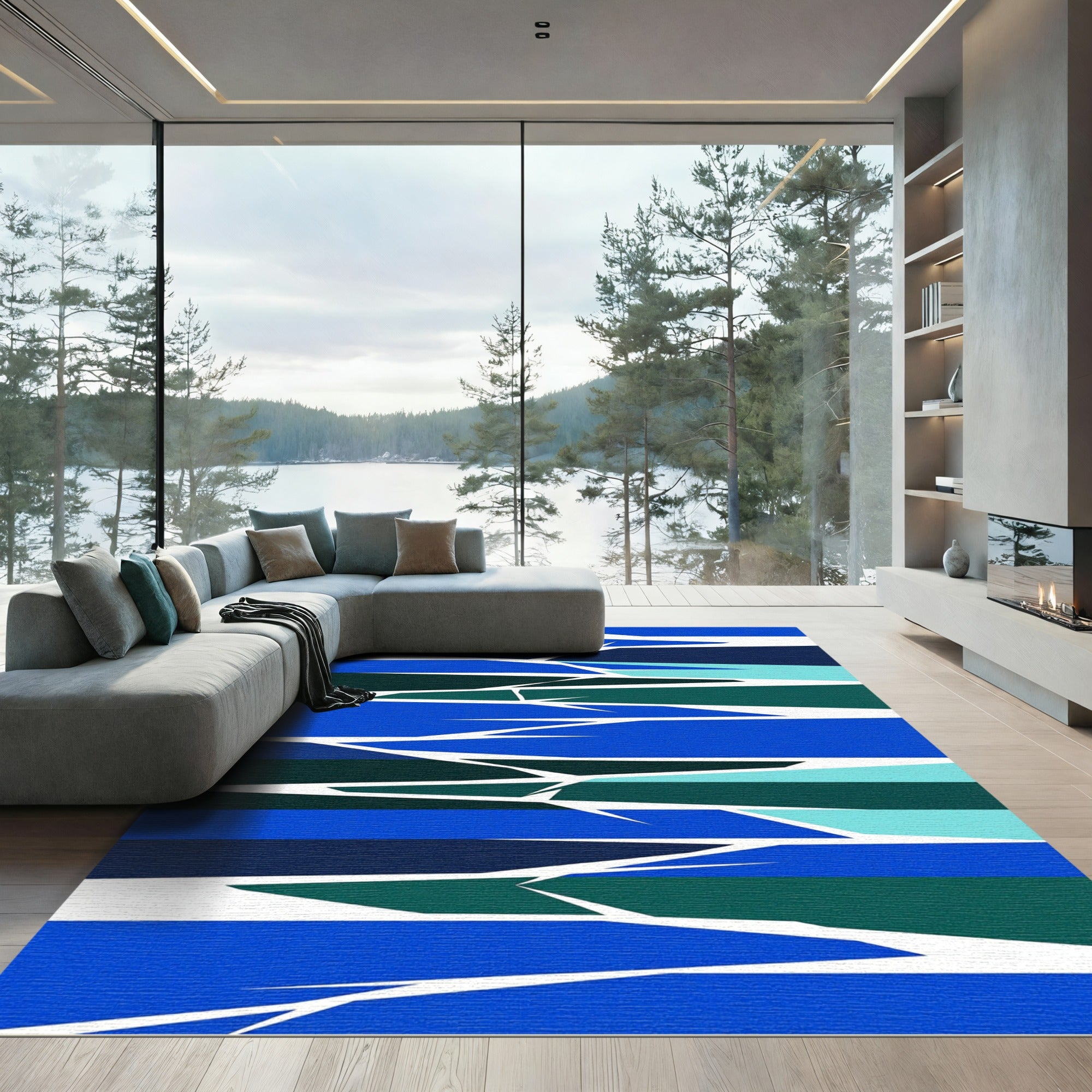 Modern Blue Green Abstract Break Rug