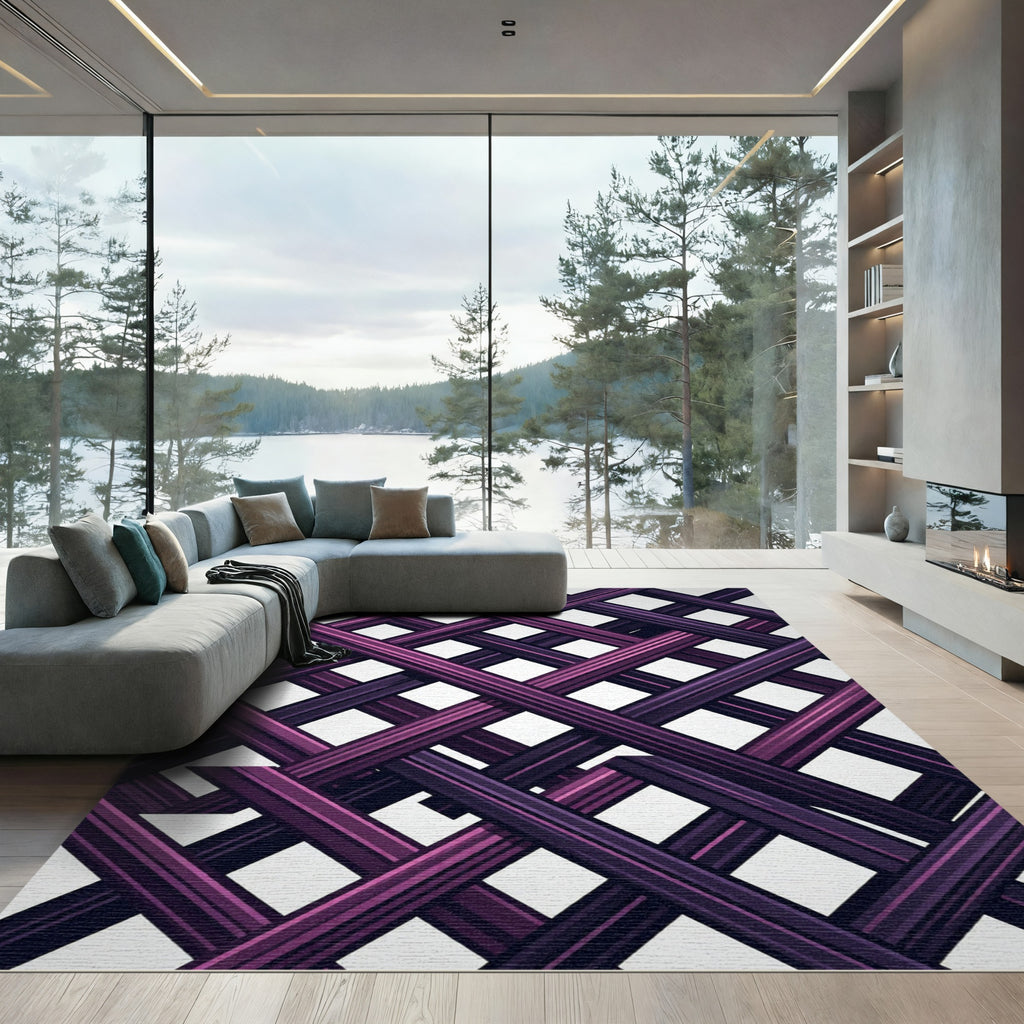 Modern Magenta Intersecting Lattice Grid Rug