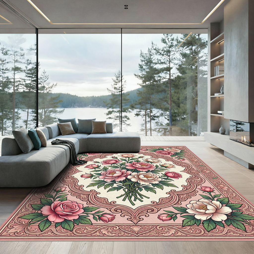 Pink Floral Bouquet Vintage Frame Rug