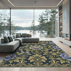 Elegant Navy Gold Peony Damask Rug