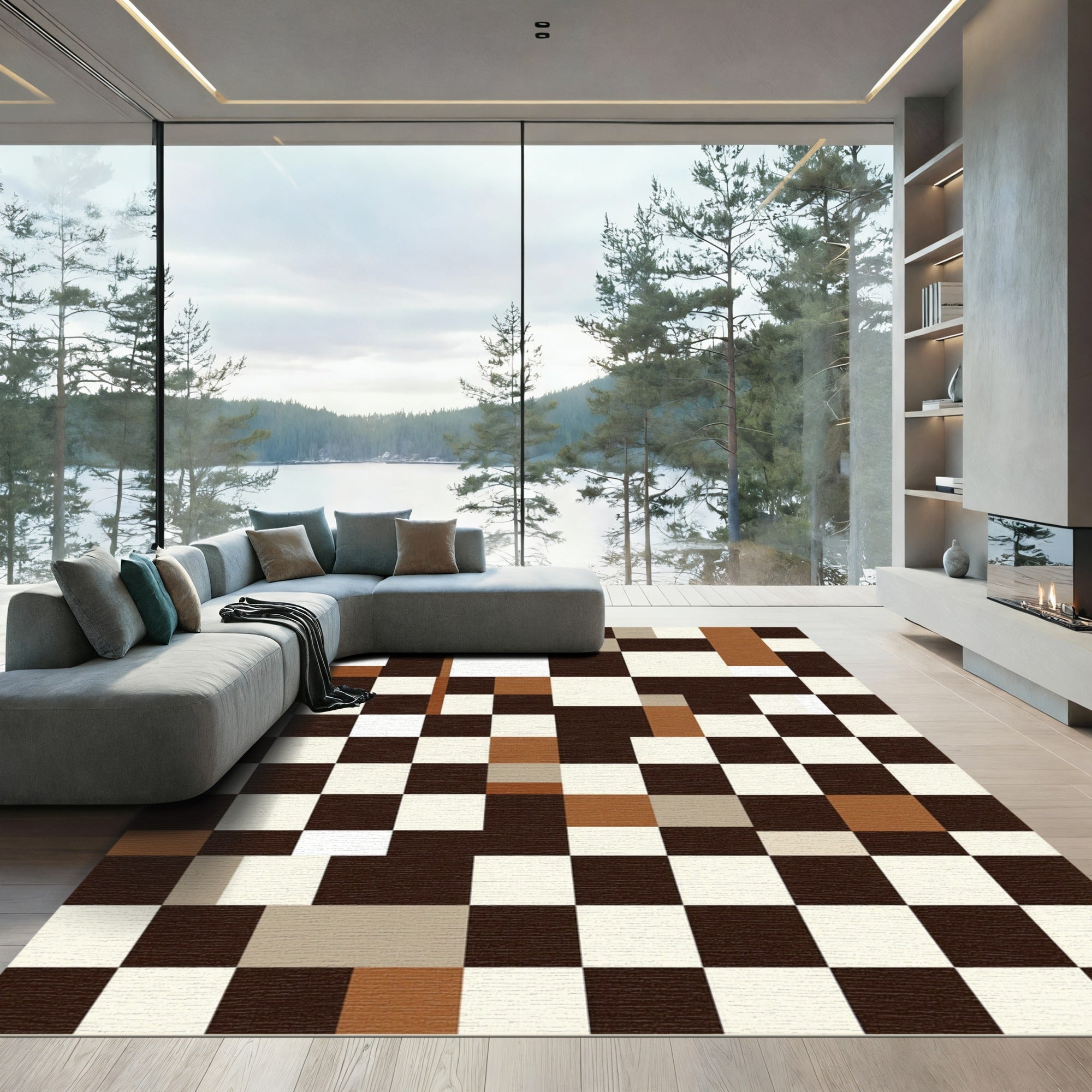 Checkerboard Cubes Brown White Accents Rug