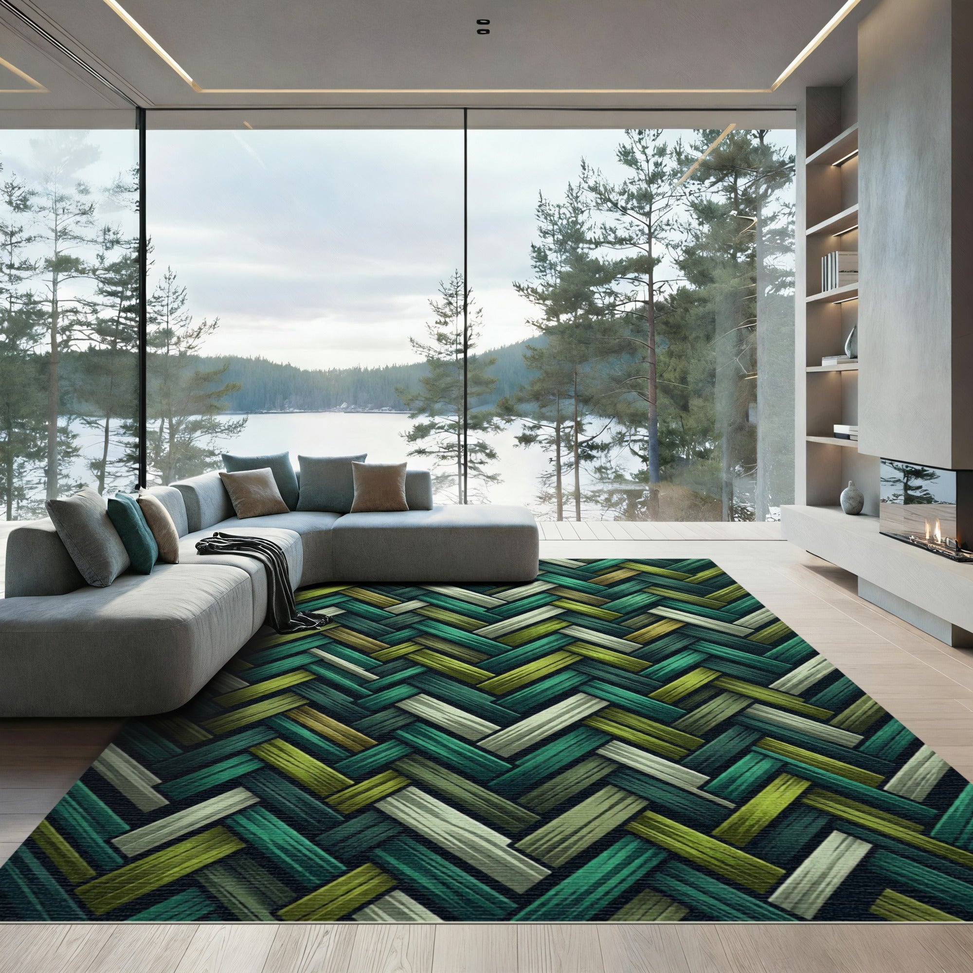 Herringbone Green Teal Wood Weave Rug