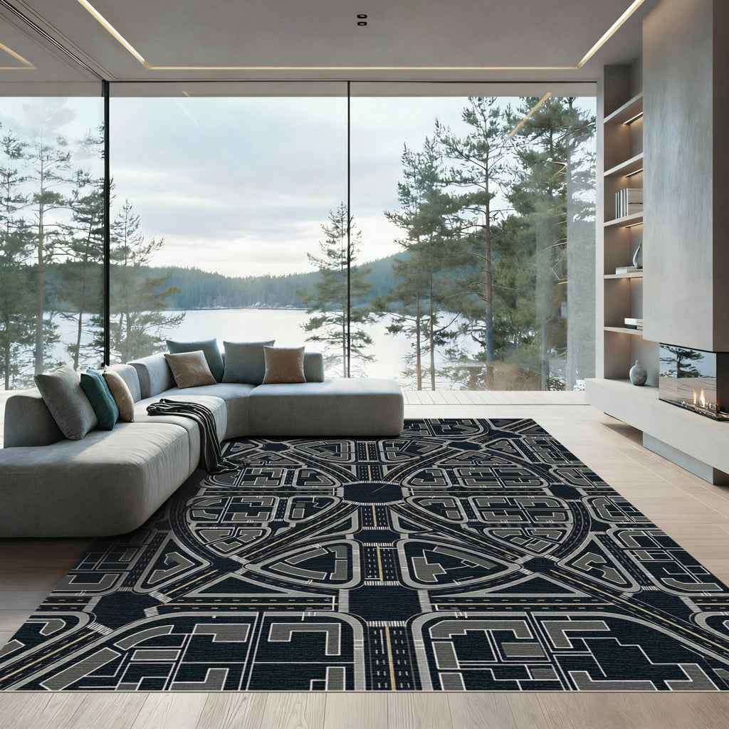 Modern City Layout Geometric Abstract Rug