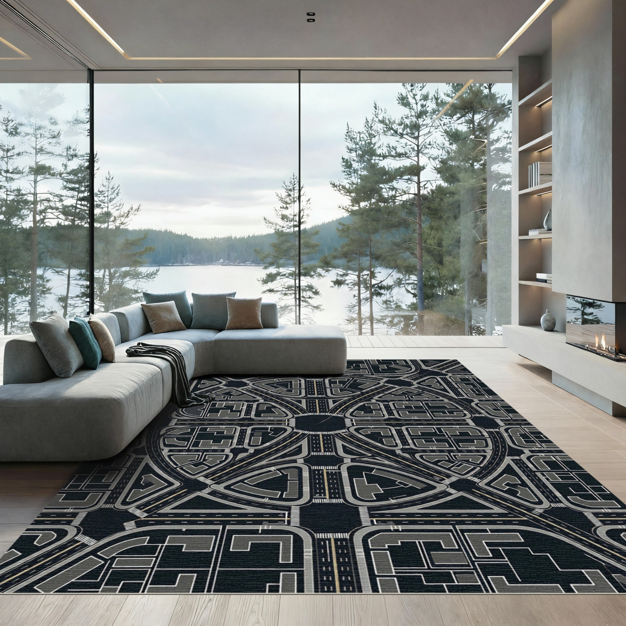 Modern City Layout Geometric Abstract Rug